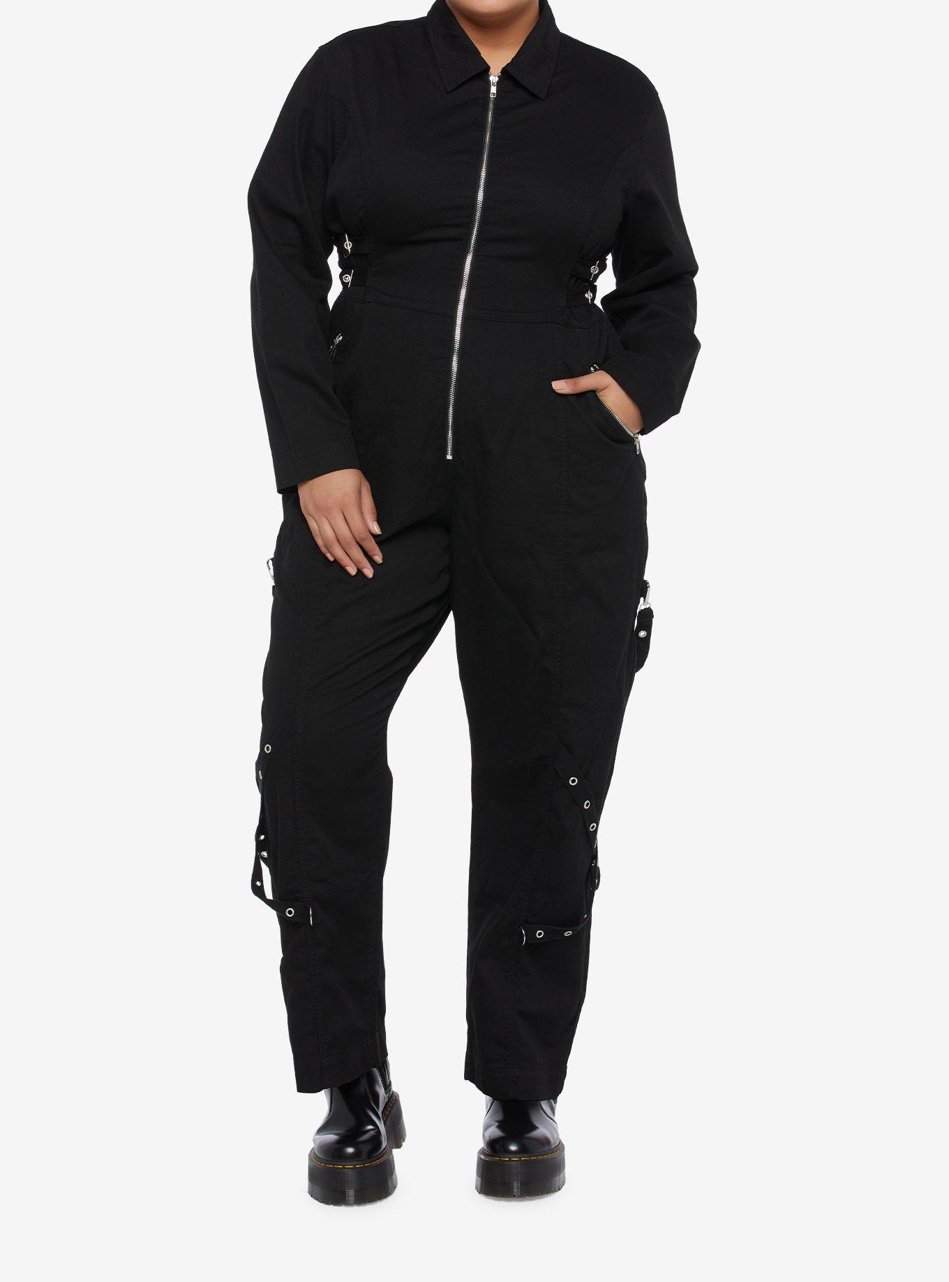 Black Grommet Long-Sleeve Jumpsuit Plus Size, BLACK, hi-res