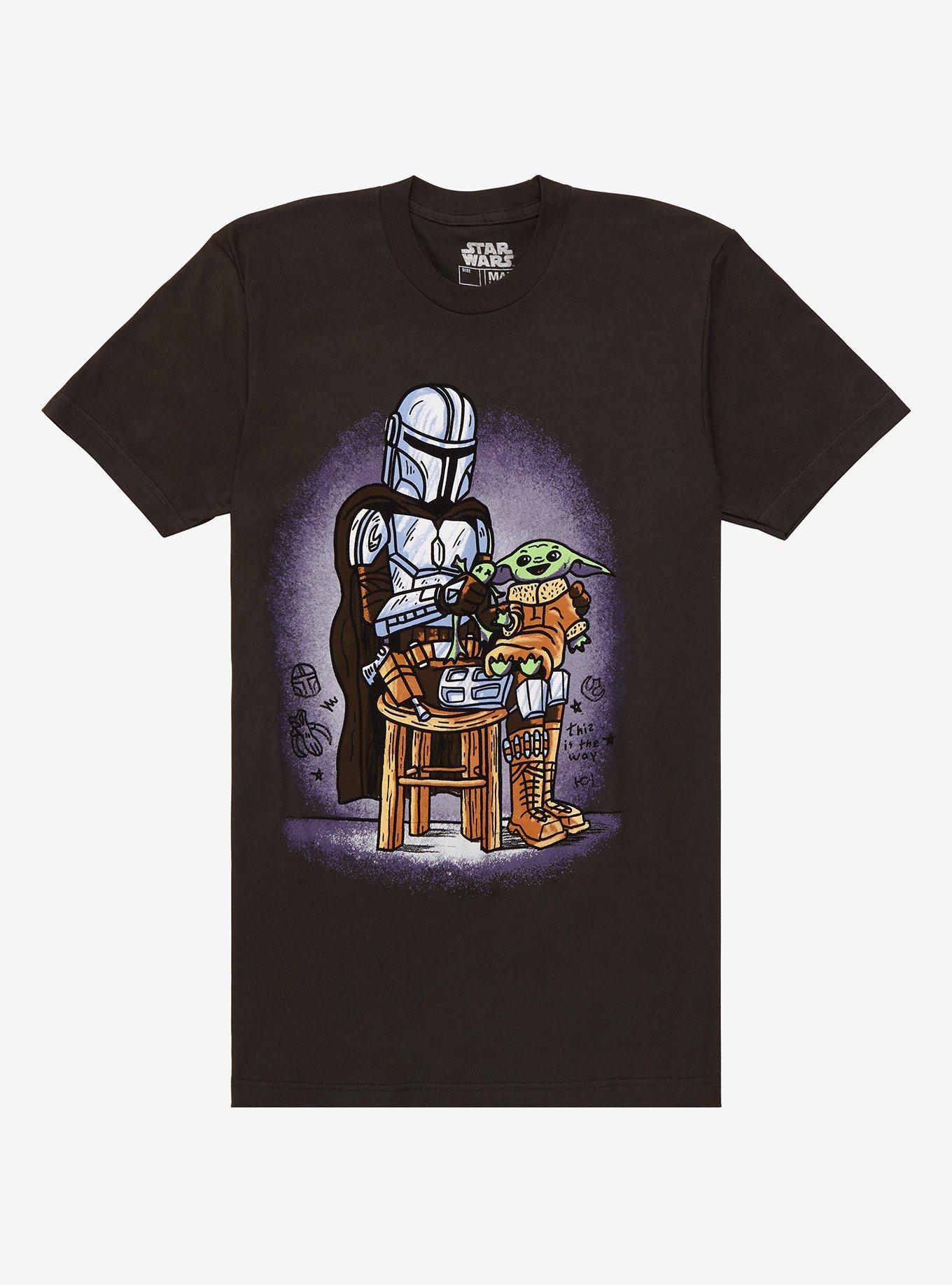 Star Wars The Mandalorian Grogu & Mando Cartoon T-Shirt - BoxLunch Exclusive, BLACK, hi-res