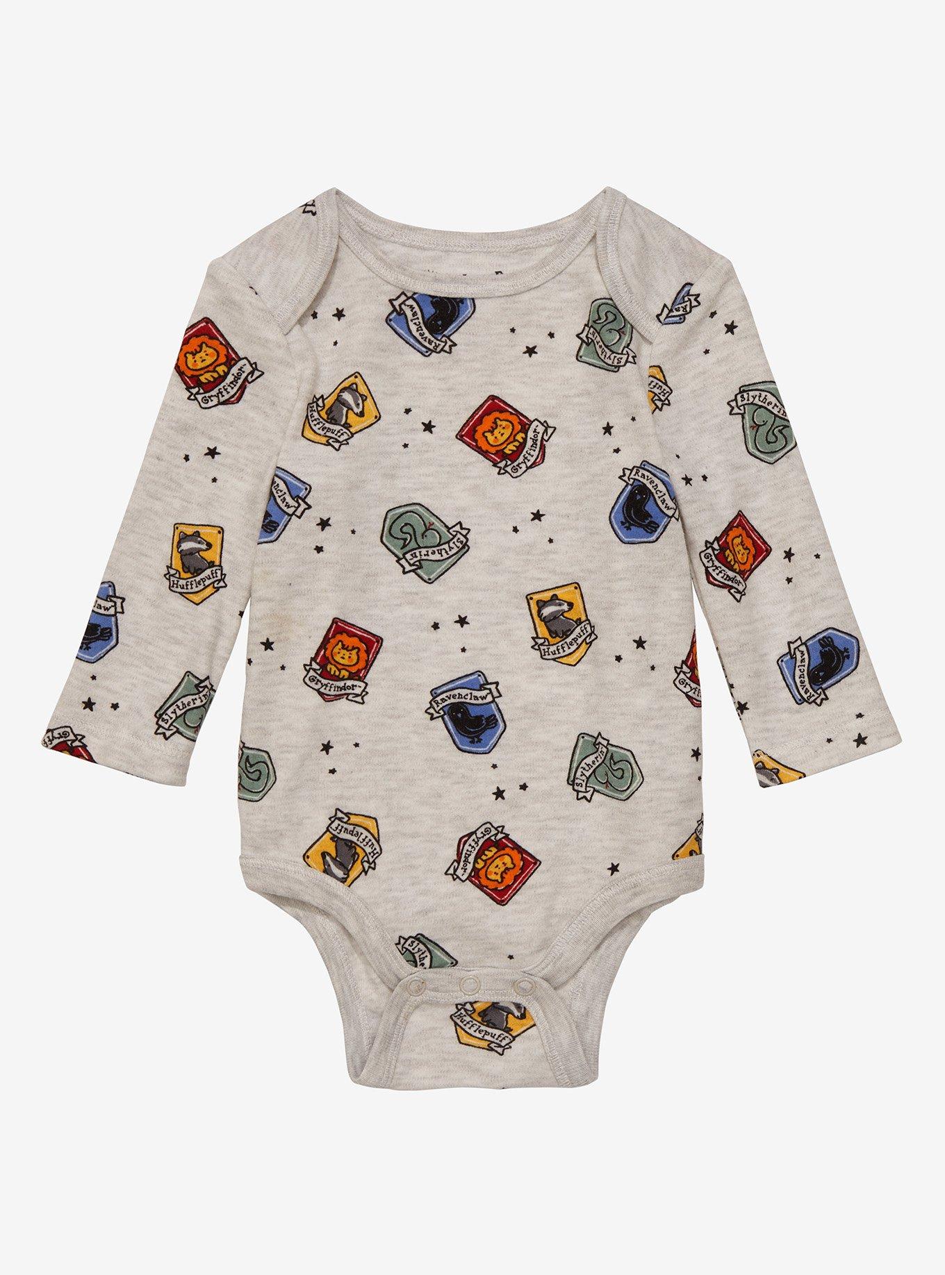 Harry Potter Hogwarts House Crests Allover Print Long-Sleeve Infant One-Piece - BoxLunch Exclusive , OATMEAL HEATHER, hi-res