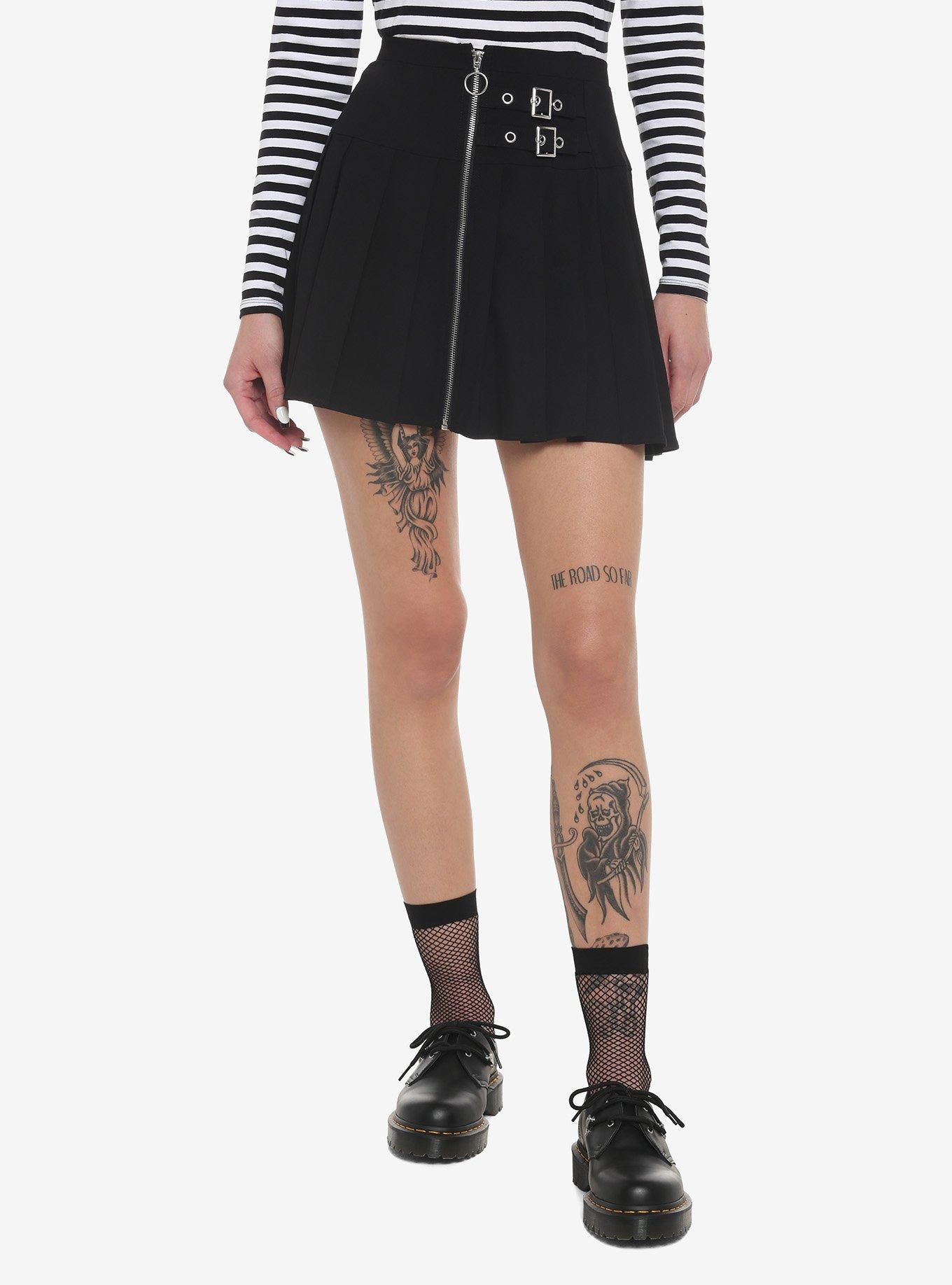 Black Zipper & Buckles Pleated Skirt, BLACK, hi-res