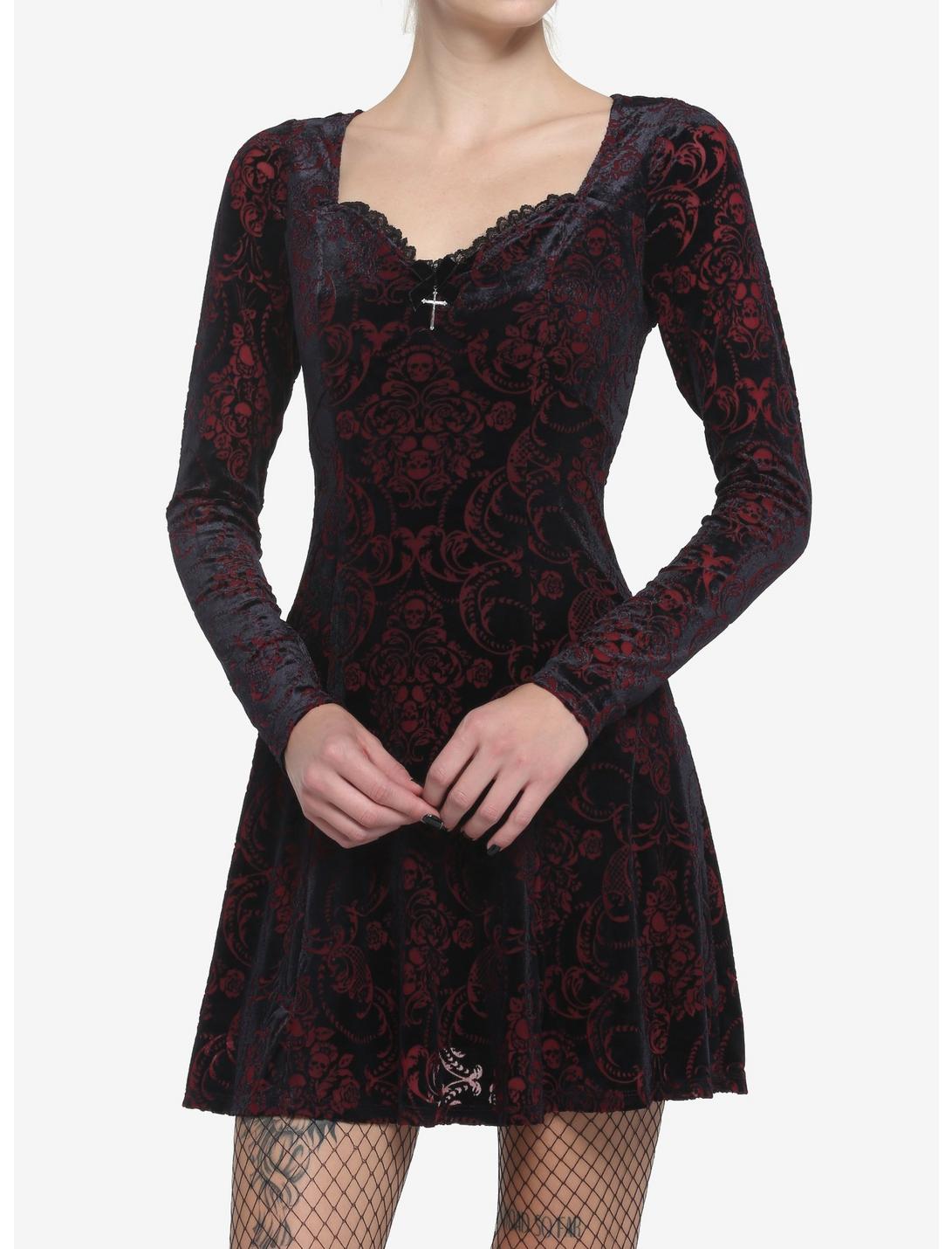 Velvet Damask Long-Sleeve Dress, BURGUNDY, hi-res