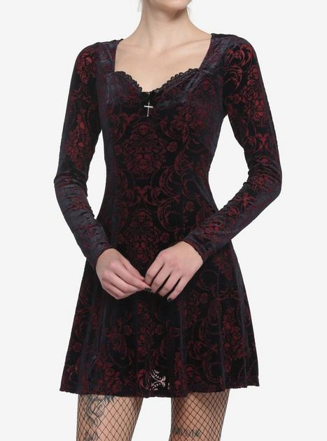 Velvet Damask Long-Sleeve Dress