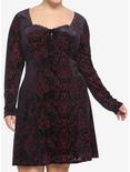 Velvet Damask Long-Sleeve Dress Plus Size, BURGUNDY, hi-res