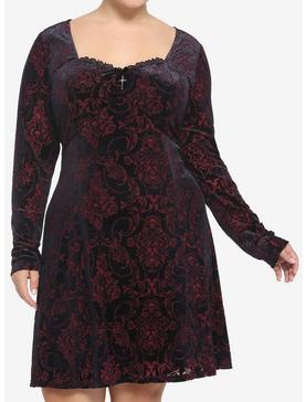 Velvet Damask Long-Sleeve Dress Plus Size, , hi-res