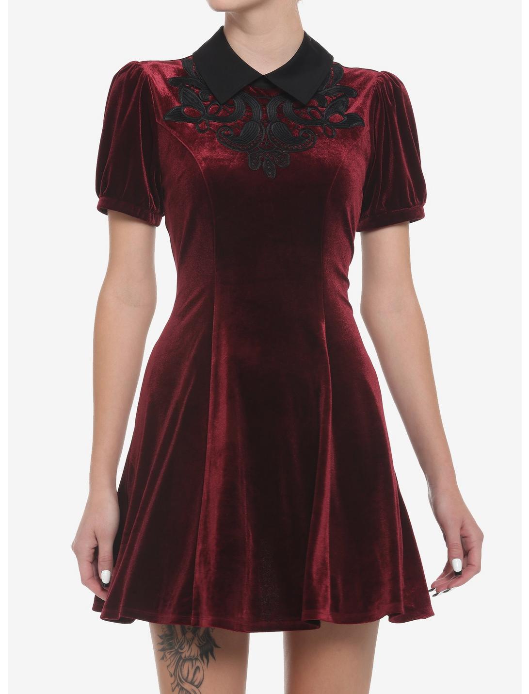 Burgundy Velvet Collar Dress, BURGUNDY, hi-res