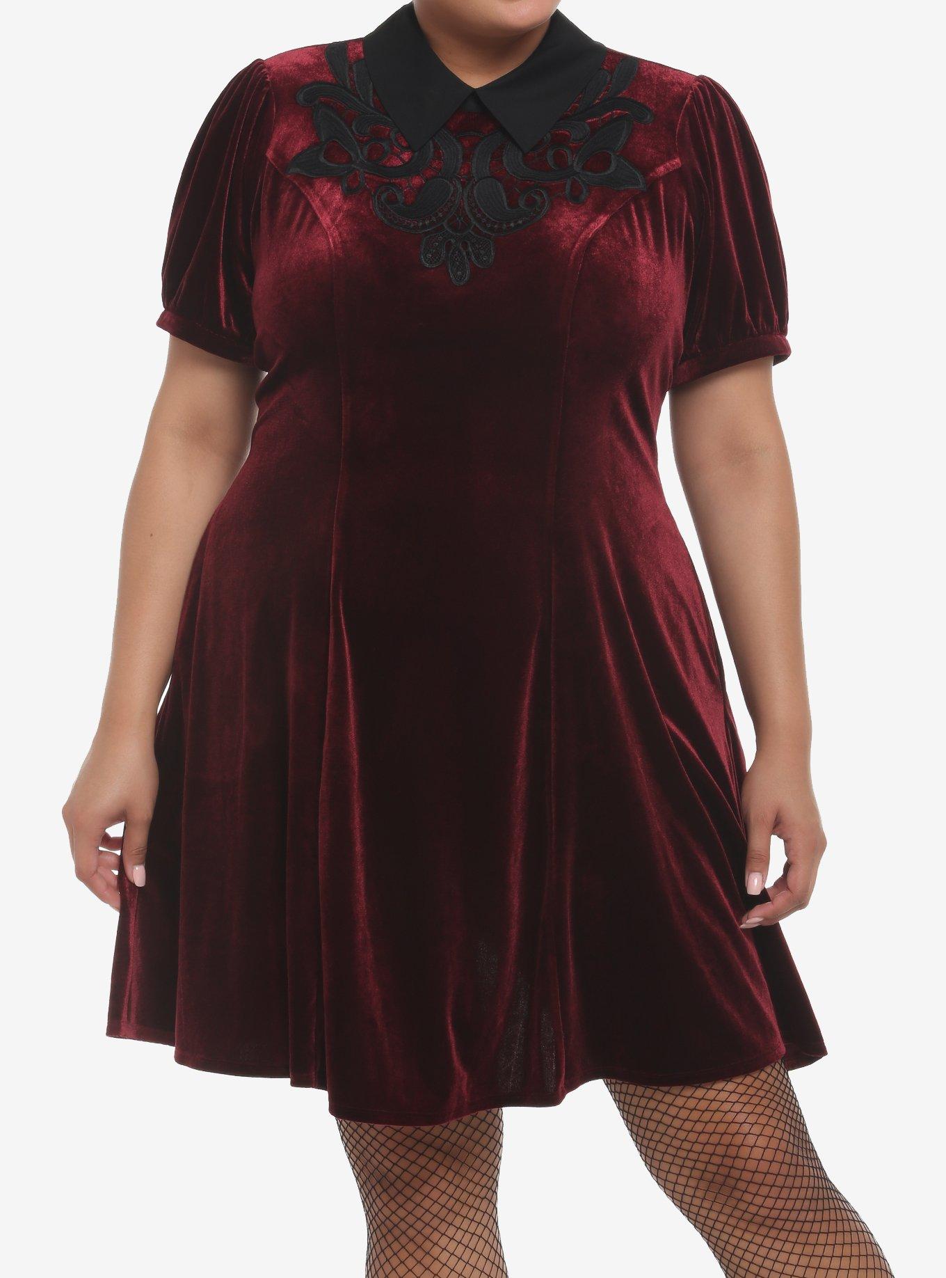 Burgundy Velvet Collar Dress Plus Size, , hi-res