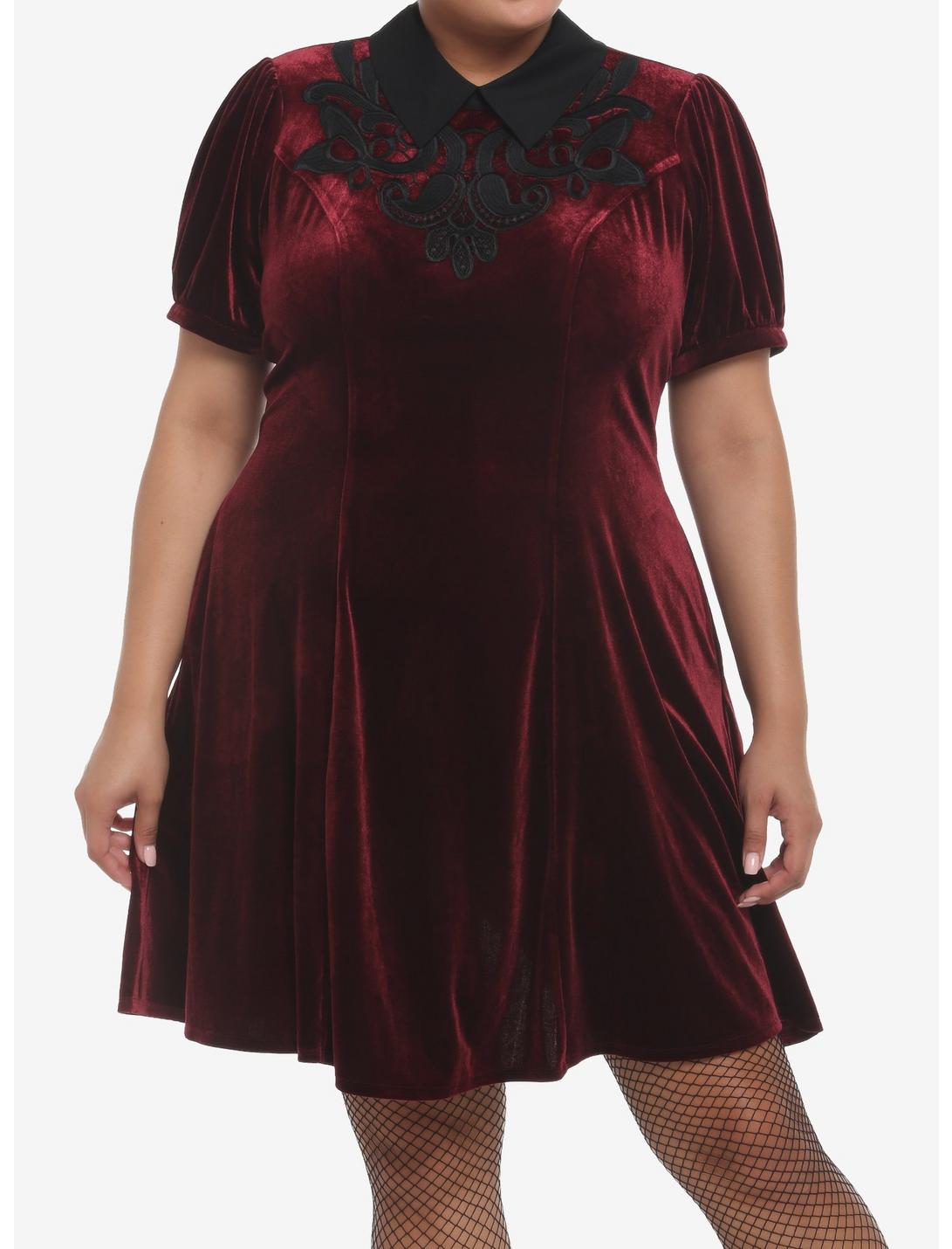 Burgundy Velvet Collar Dress Plus Size, BURGUNDY, hi-res