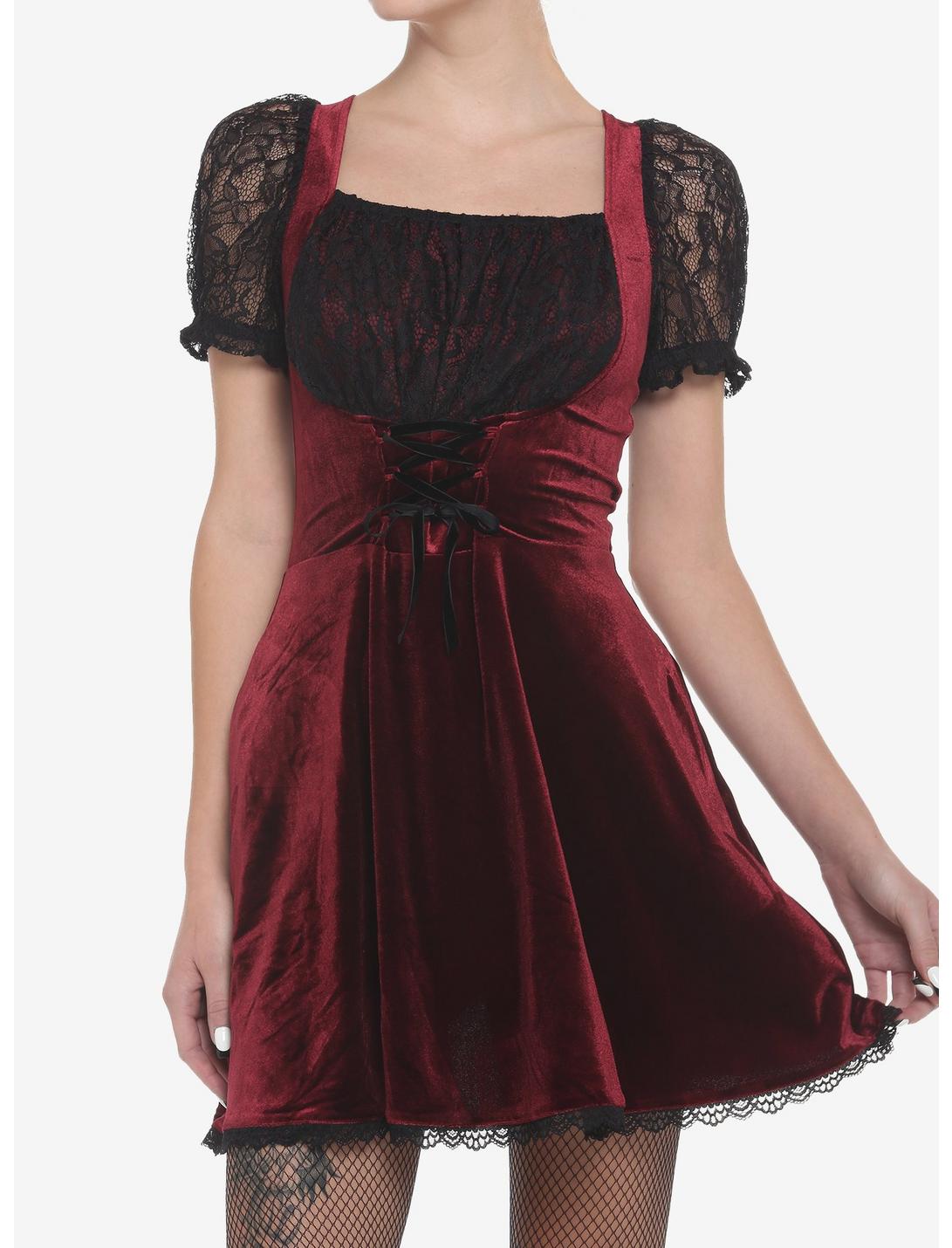 Burgundy Velvet & Black Lace Corset Dress, BURGUNDY, hi-res