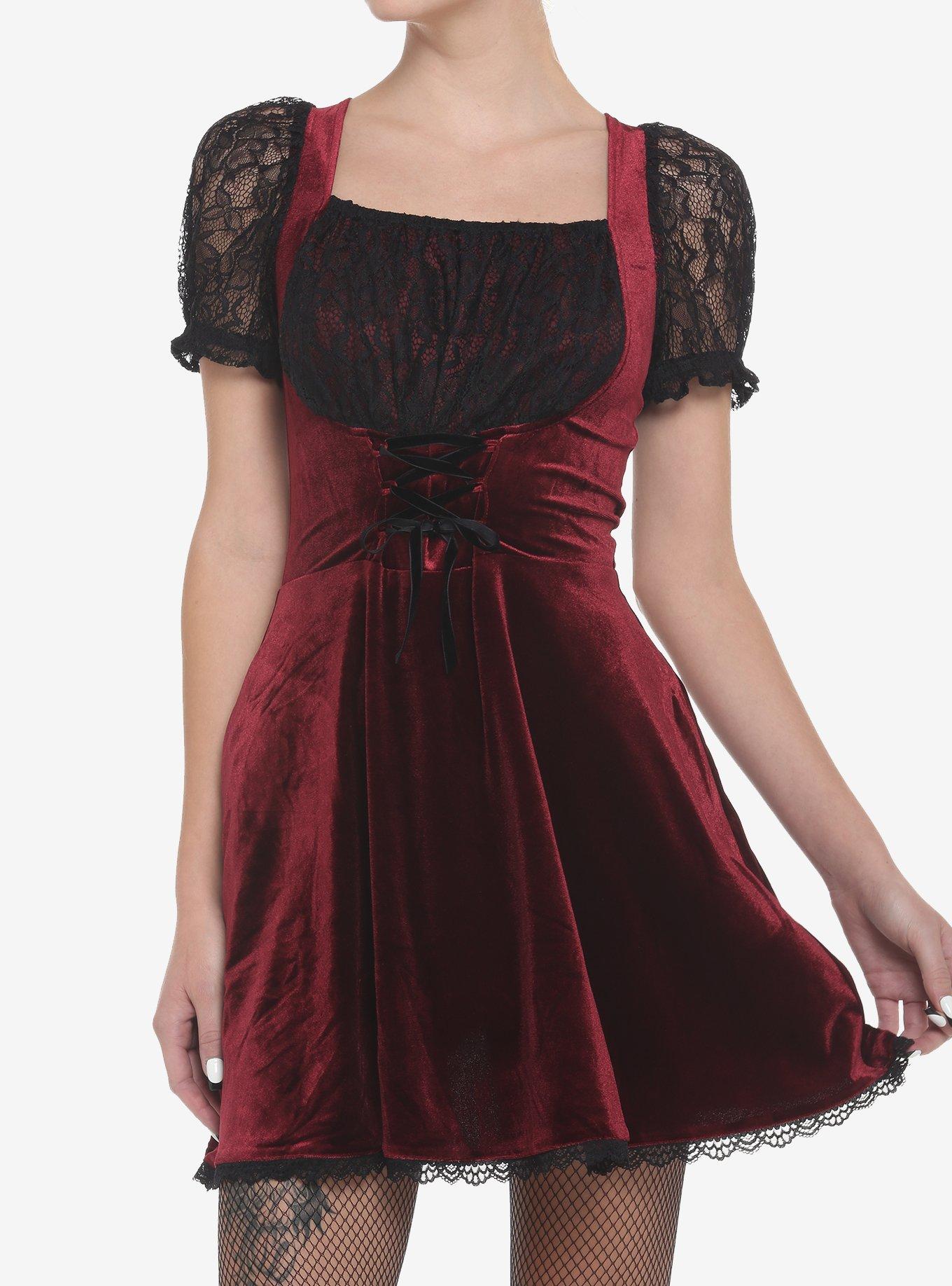 Burgundy and black lace dress best sale