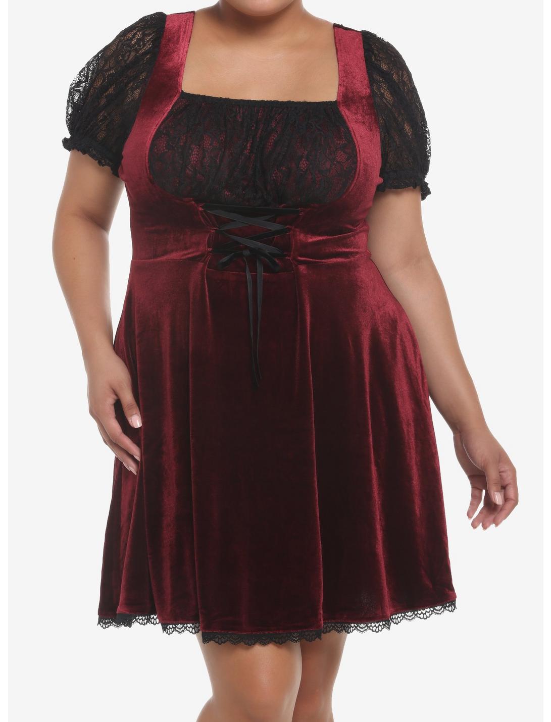 Burgundy Velvet & Black Lace Corset Dress Plus Size, BURGUNDY, hi-res