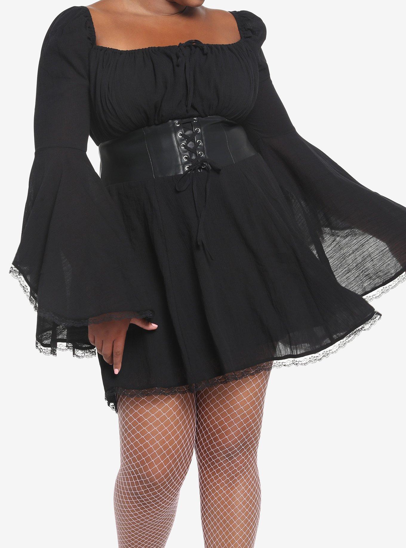 Black Corset Bell Sleeve Dress Plus Size, BLACK, hi-res