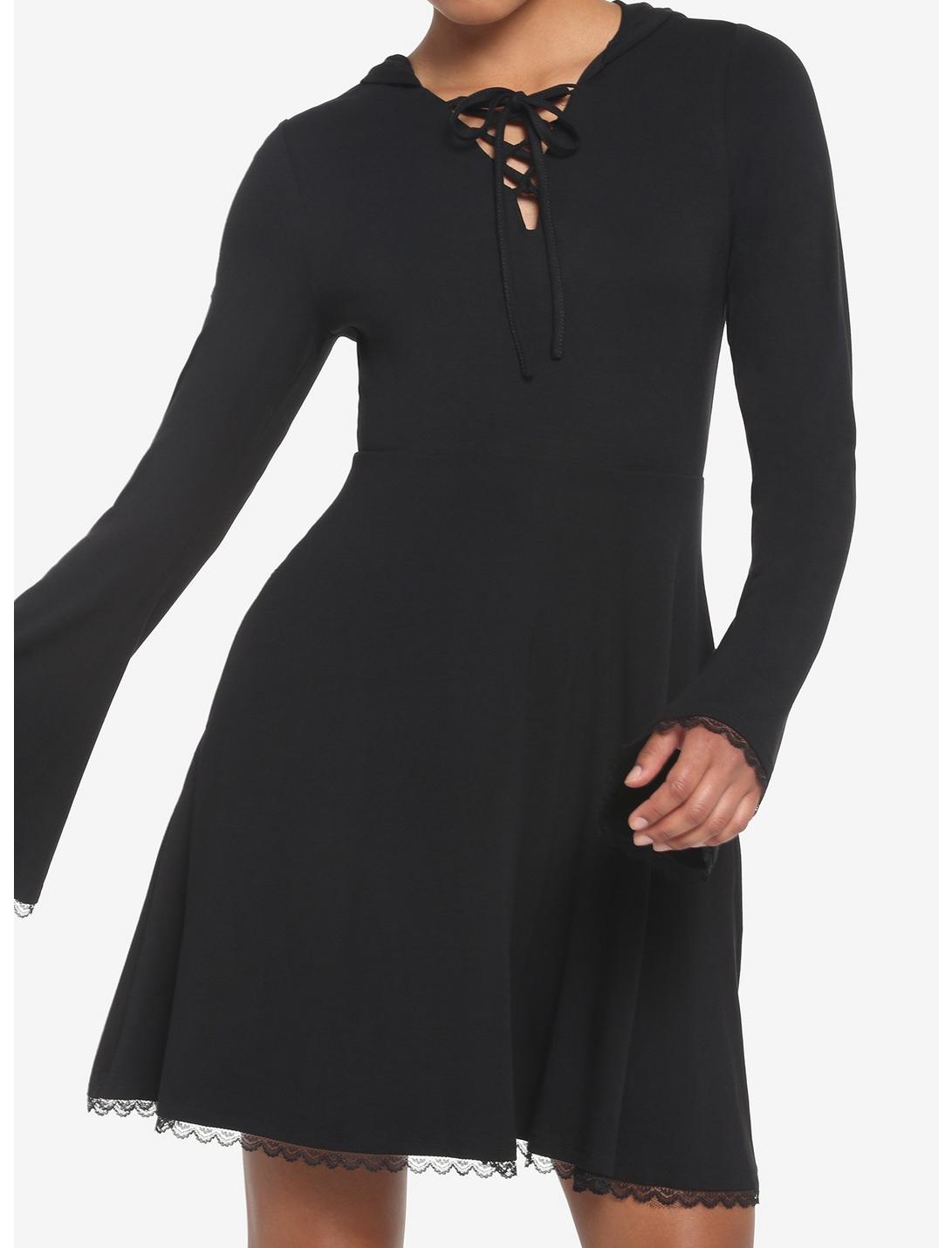 Black Lace-Up Front Hooded Dress, BLACK, hi-res
