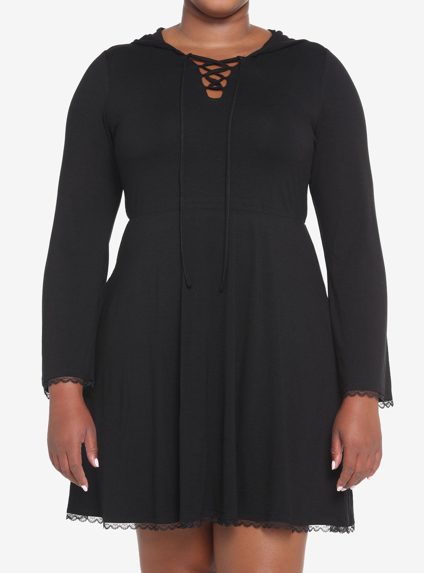 Black Lace-Up Front Hooded Dress Plus Size, BLACK, hi-res