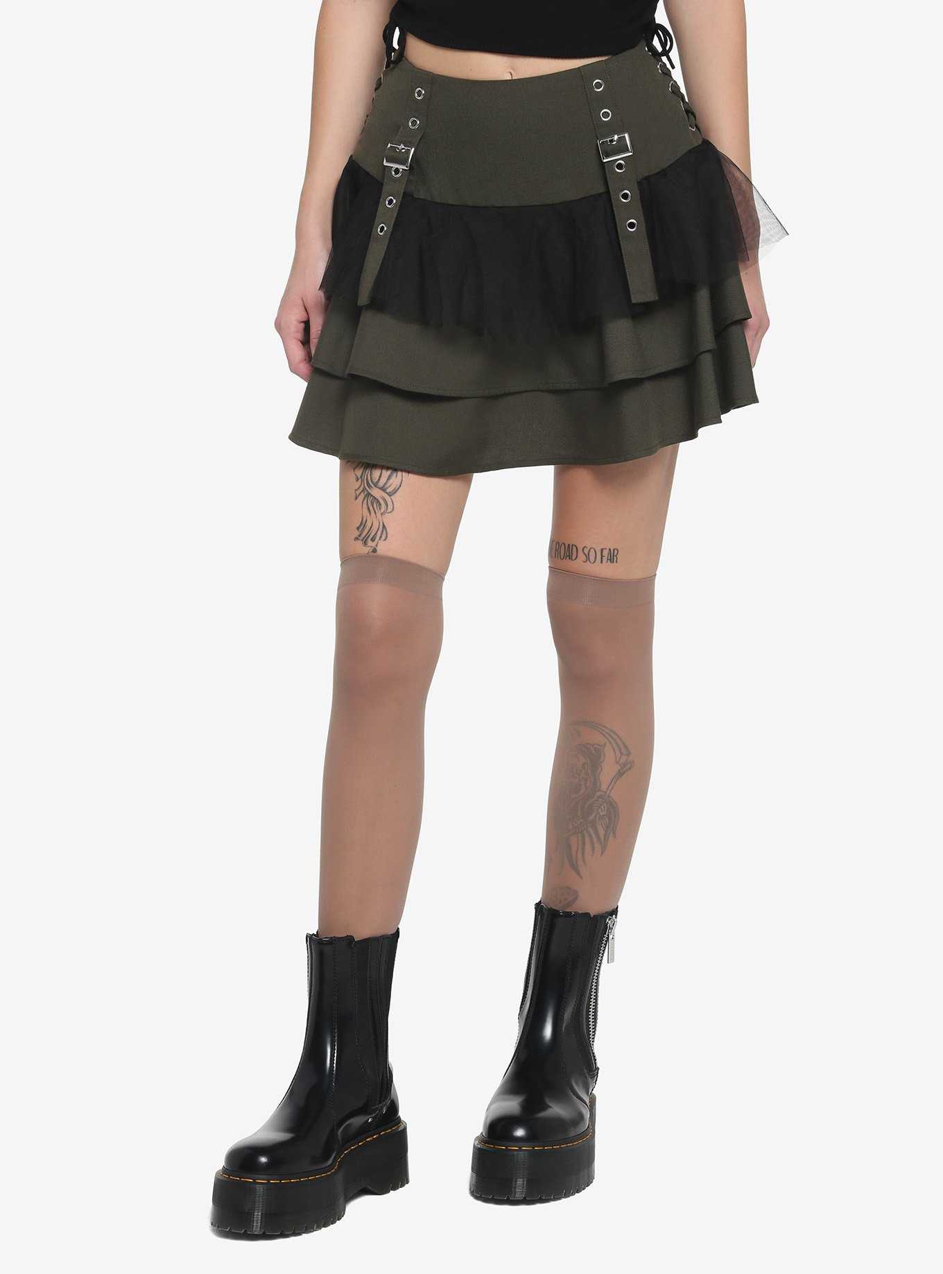 Green & Black Ruffle Tiered Skirt | Hot Topic