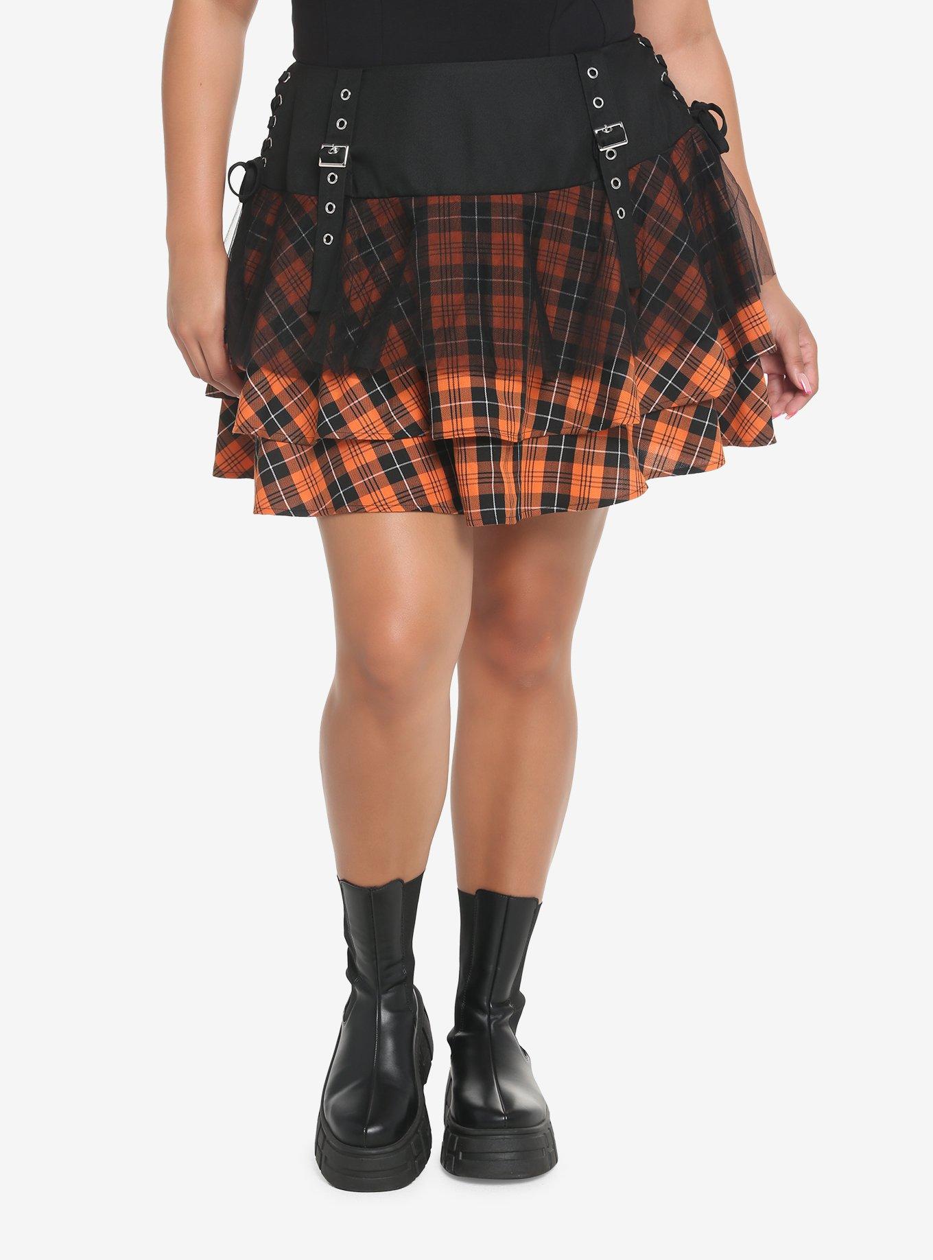 Orange & Black Plaid Buckle Tulle Skirt Plus Size, PLAID, hi-res
