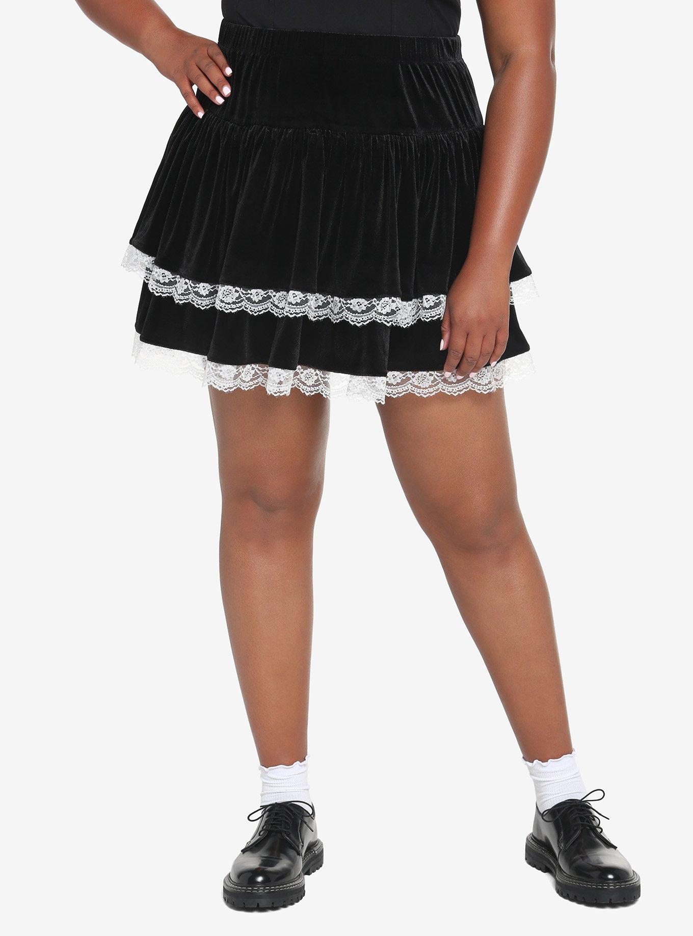 Black Velvet & White Lace Skirt Plus Size, BLACK, hi-res