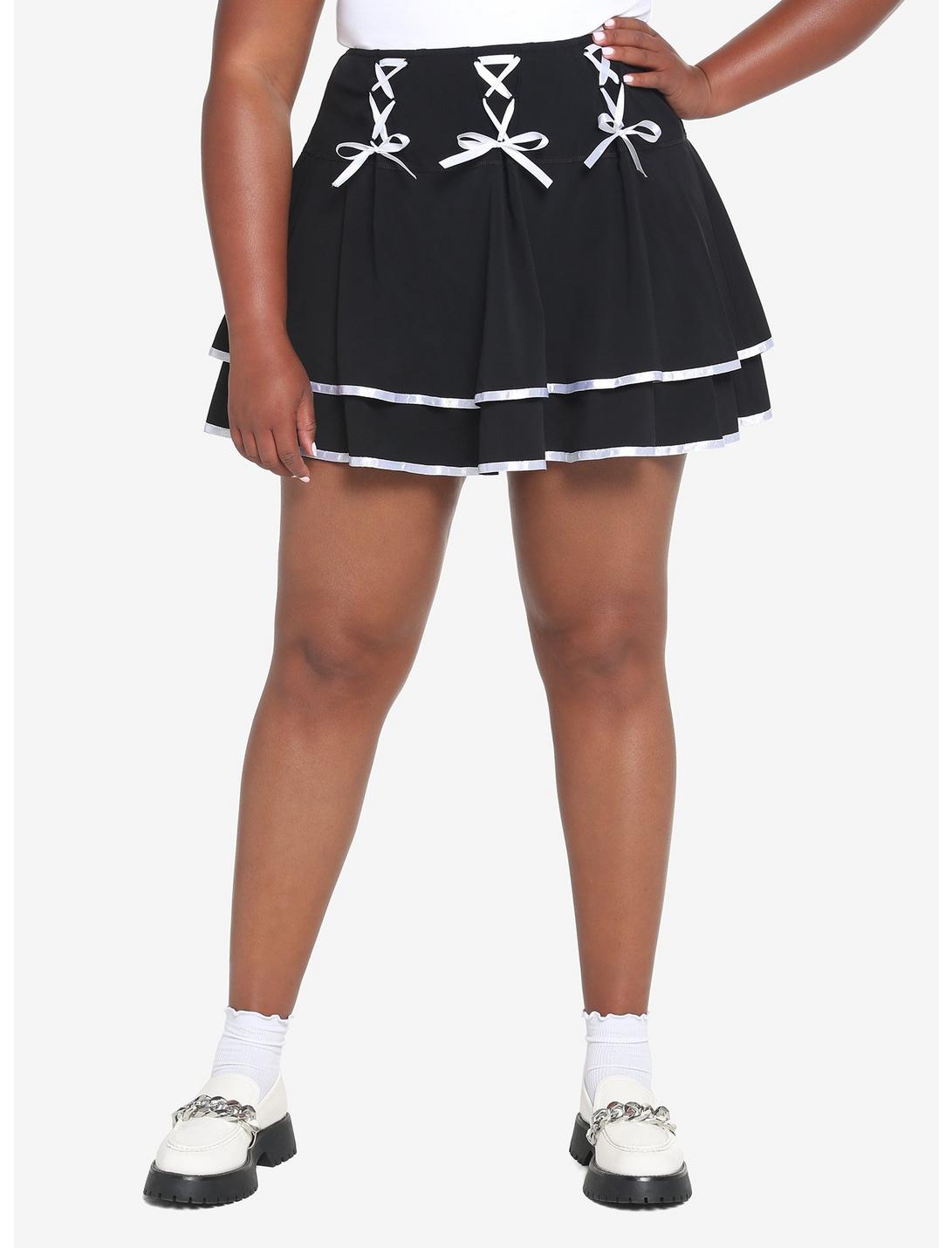 Black & White Triple Lace-Up Tiered Skirt Plus Size, BLACK, hi-res