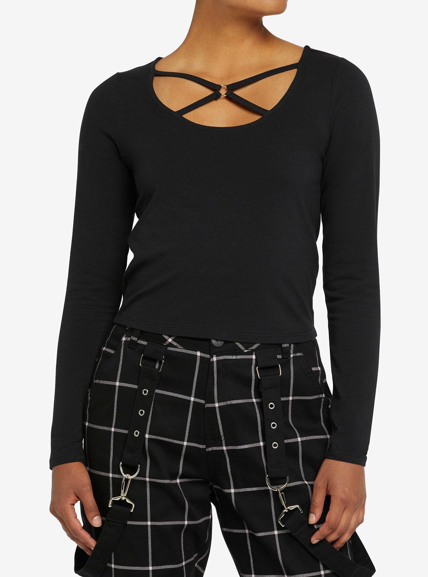 Black Strappy O-Ring Girls Crop Long-Sleeve Top, BLACK, hi-res view 1