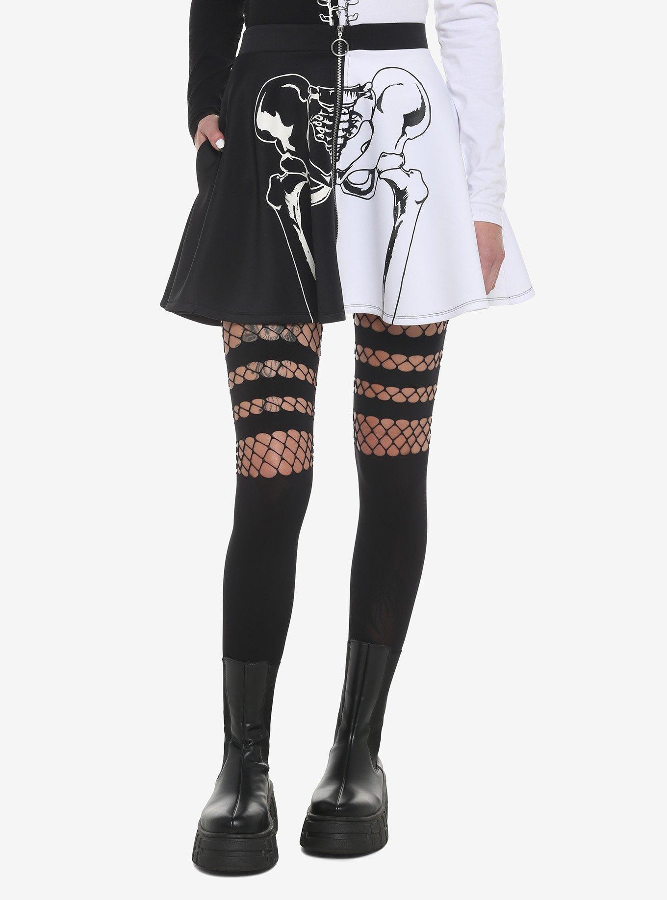 Black & White Split Skeleton Skirt, BLACK, hi-res