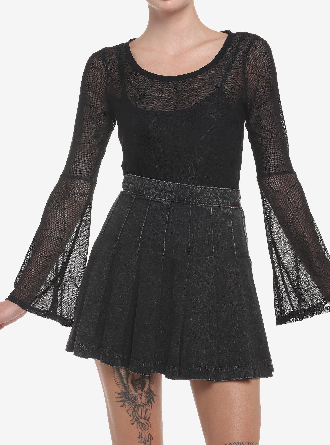 Spiderweb Mesh Bell Sleeve Girls Twofer Top, BLACK, hi-res