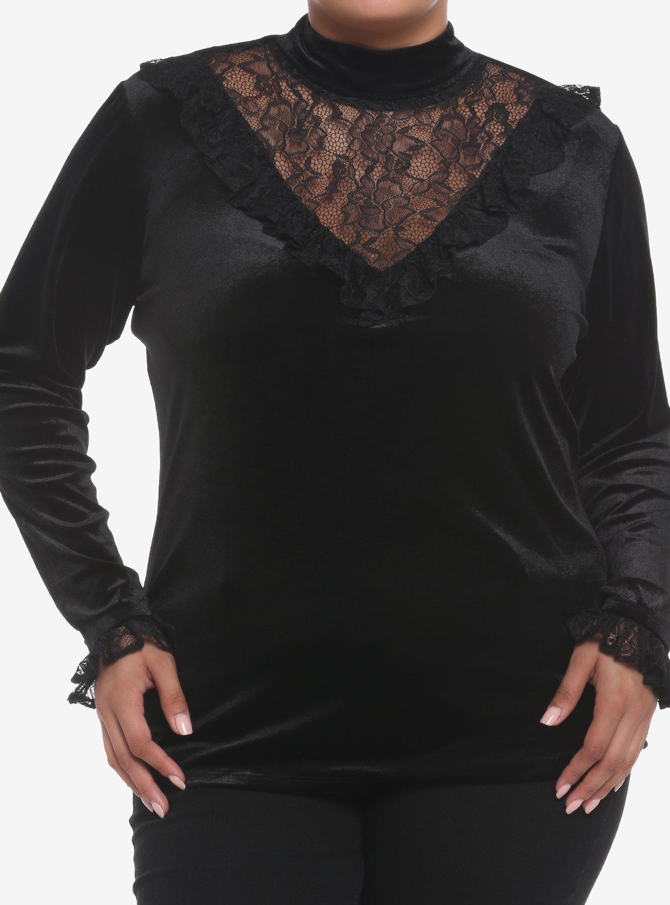 Black Velvet & Lace Turtleneck Girls Long-Sleeve Top Plus Size, BLACK, hi-res