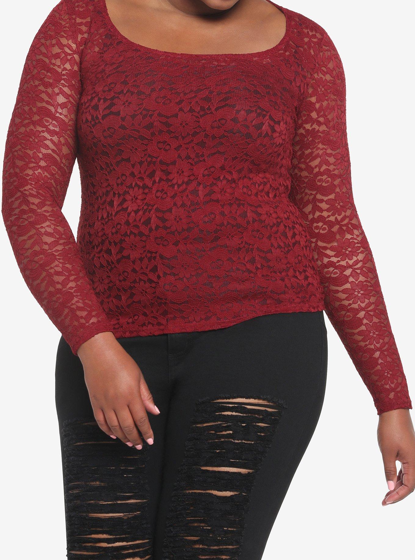 Burgundy Lace Girls Long-Sleeve Top Plus Size, SYRAH BURGUNDY, hi-res