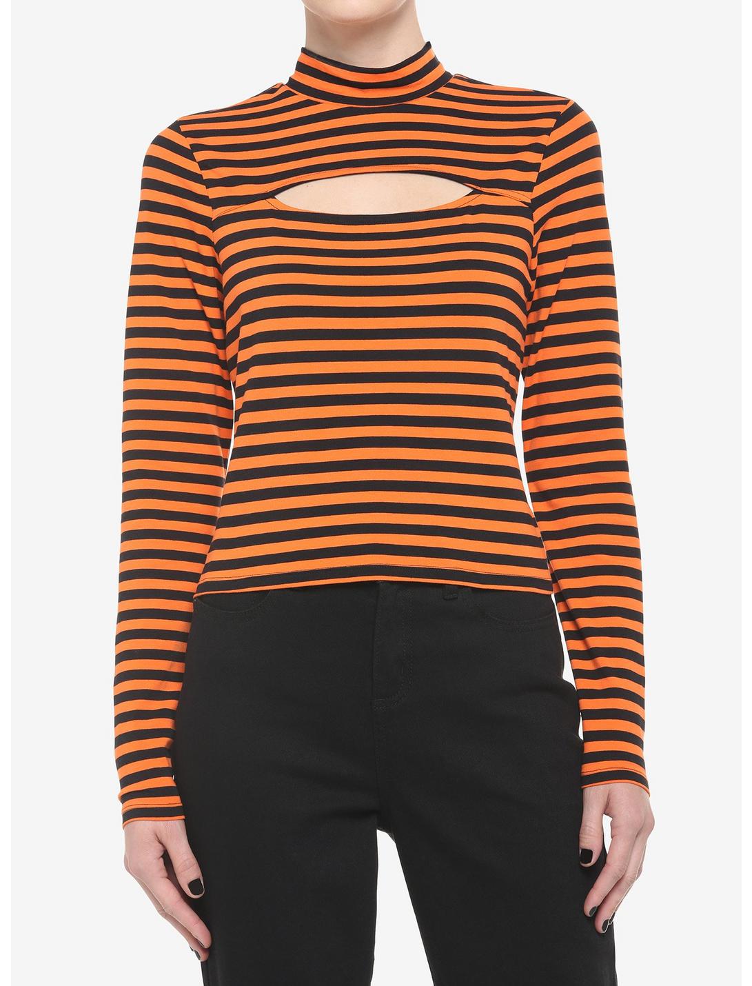 Orange & Black Stripe Cutout Girls Long-Sleeve Top, STRIPES - ORANGE, hi-res