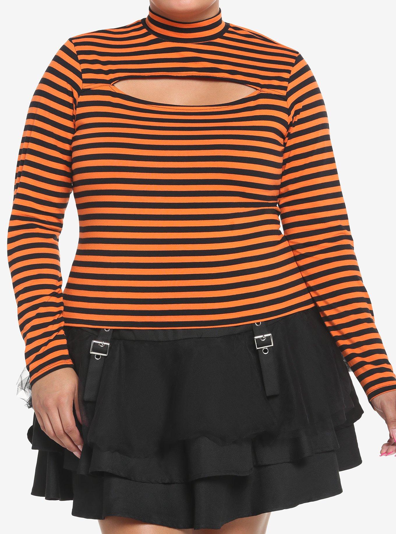 Orange & Black Stripe Cutout Girls Long-Sleeve Top Plus Size, STRIPES - ORANGE, hi-res