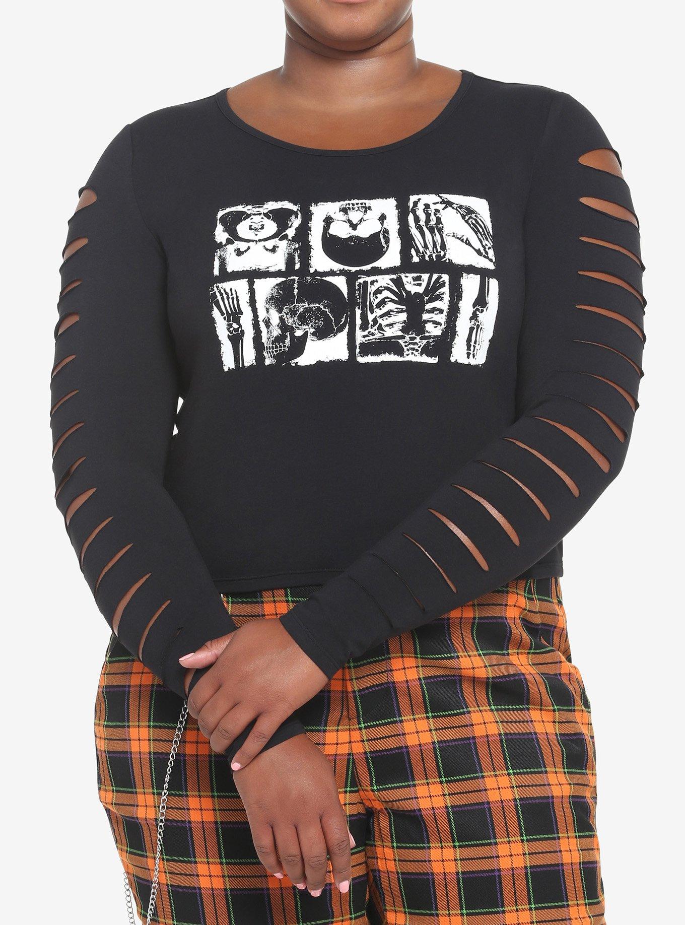 Skeleton Slashed Long-Sleeve Girls Crop Top Plus Size, BLACK, hi-res