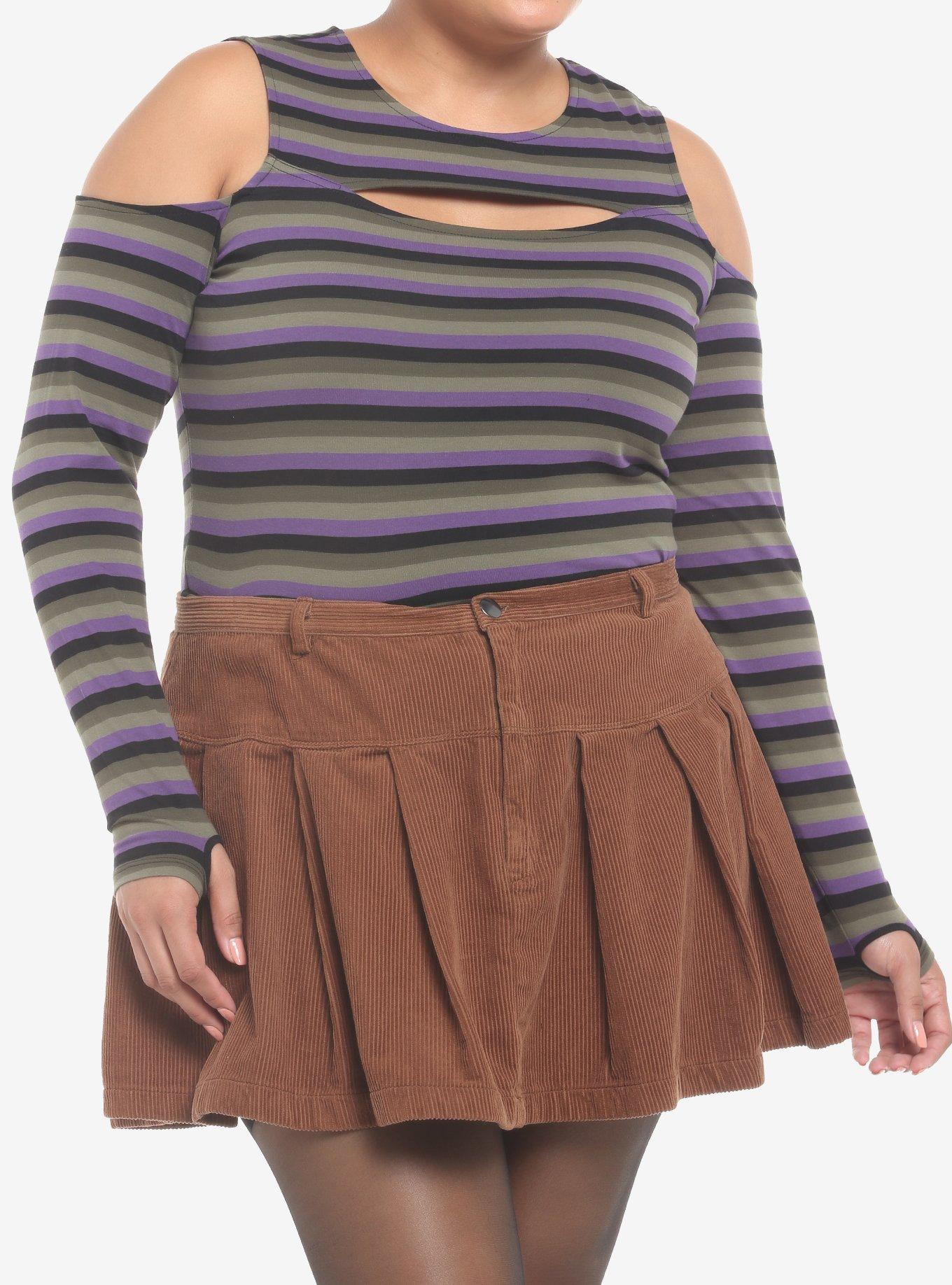 Green & Purple Stripe Cold Shoulder Girls Long-Sleeve T-Shirt Plus Size, STRIPE - MULTICOLOR, hi-res