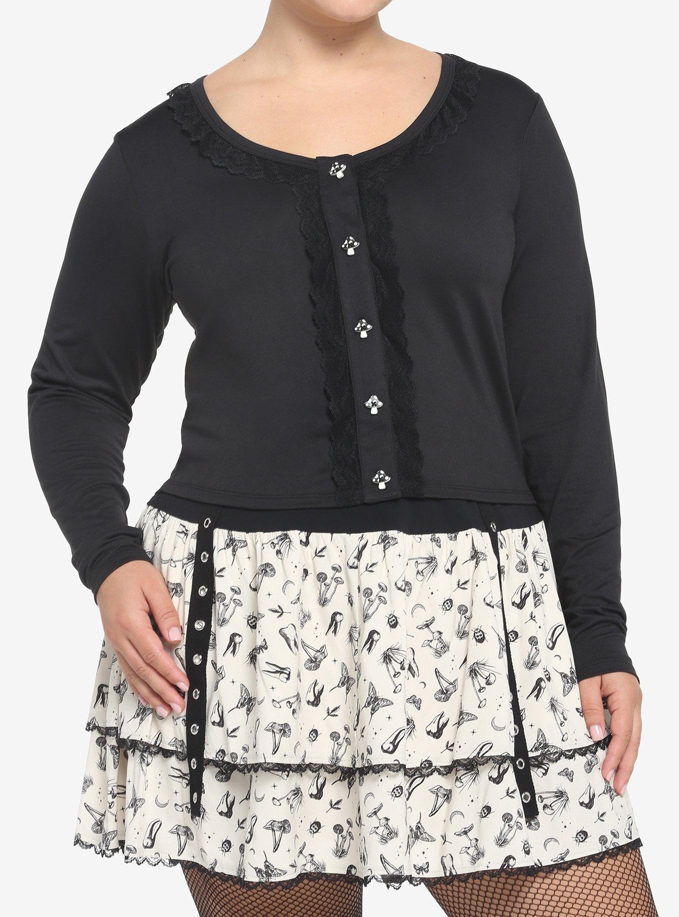 Black Mushroom Girls Crop Long-Sleeve Top Plus Size, , hi-res