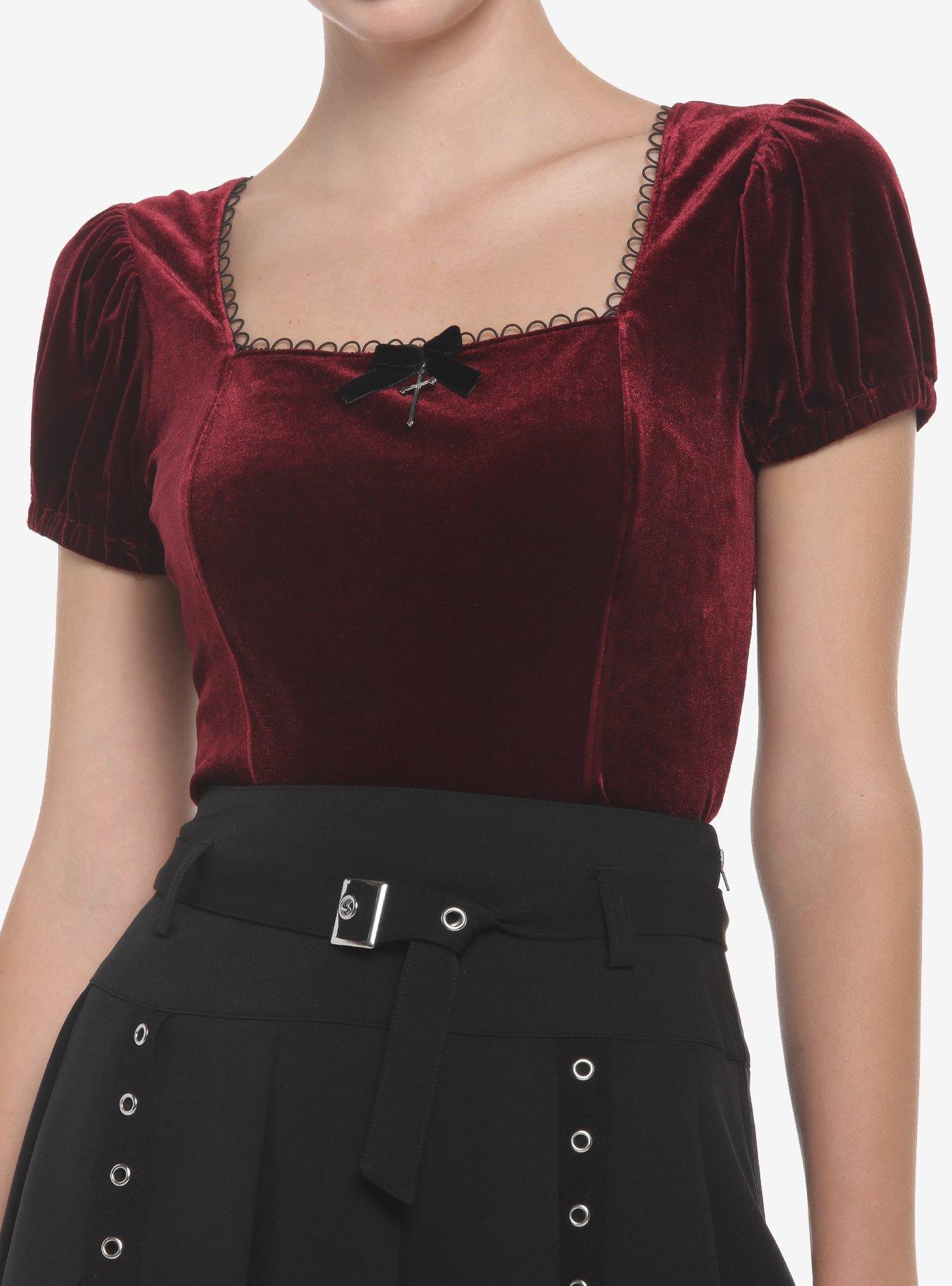 Burgundy Velvet Puff-Sleeve Girls Top