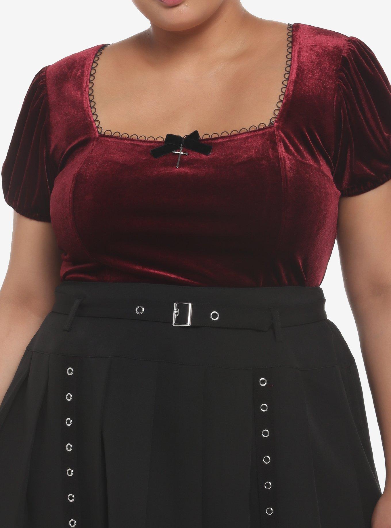 Burgundy Velvet Puff-Sleeve Girls Top Plus Size, SYRAH BURGUNDY, hi-res