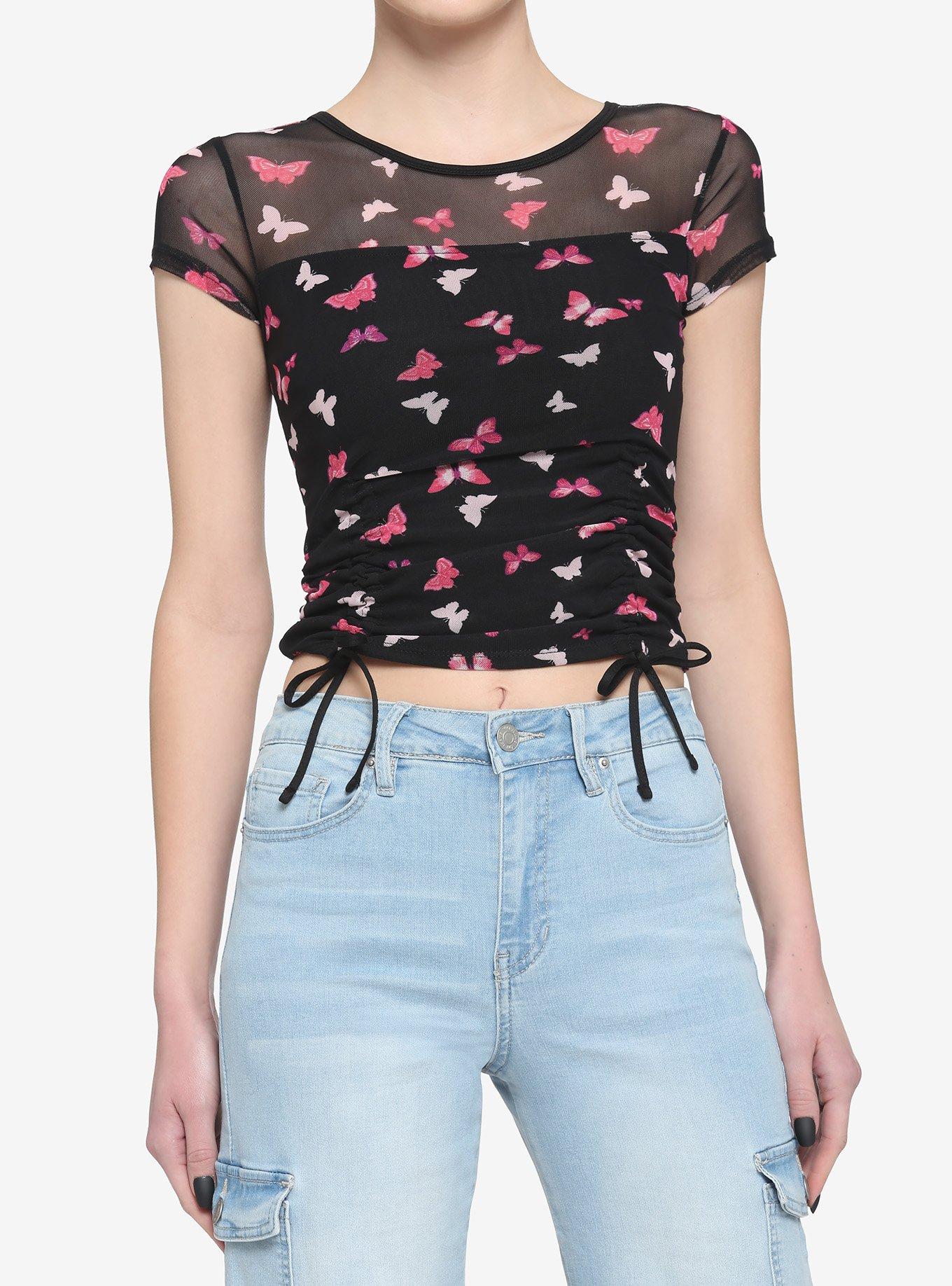 Black & Pink Butterfly Ruched Girls Crop Top, BLACK, hi-res