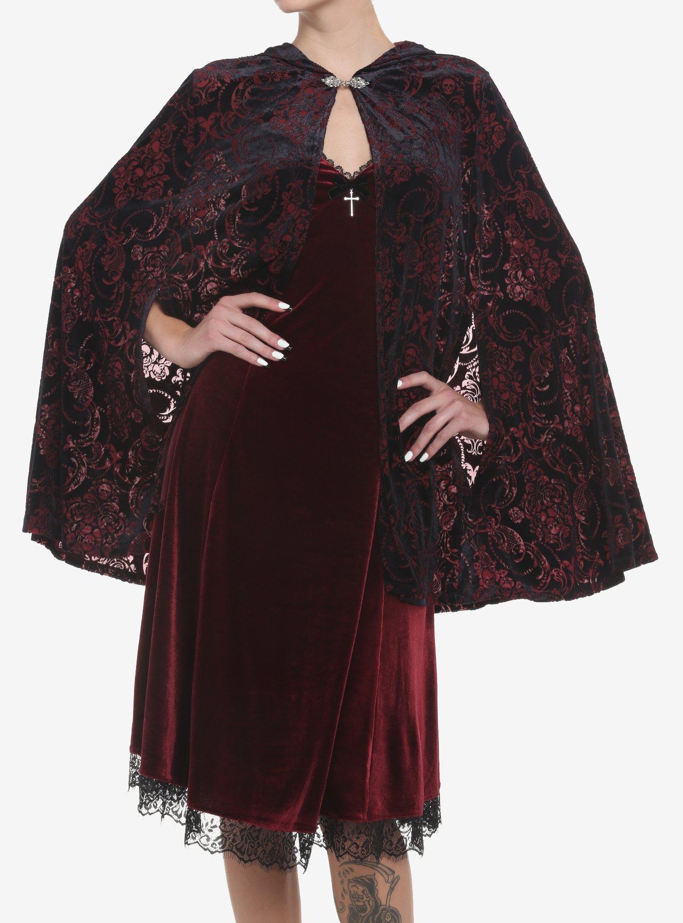 Burgundy & Black Damask Hooded Girls Cape, RED, hi-res