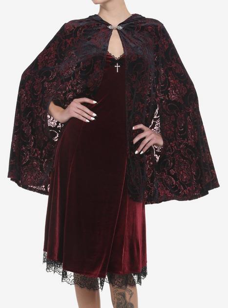 Burgundy & Black Damask Hooded Girls Cape | Hot Topic