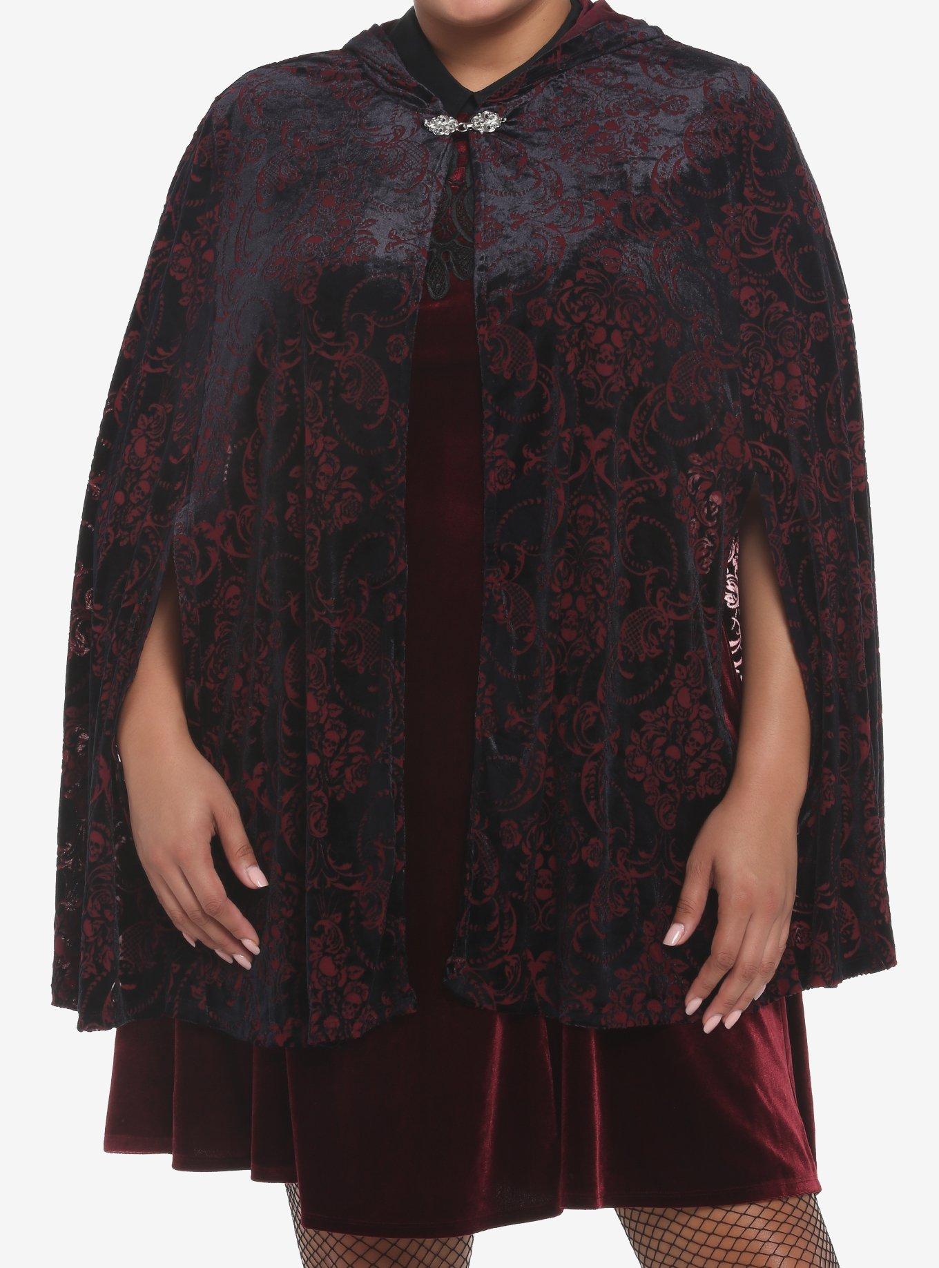 Burgundy & Black Damask Hooded Girls Cape Plus Size, RED, hi-res