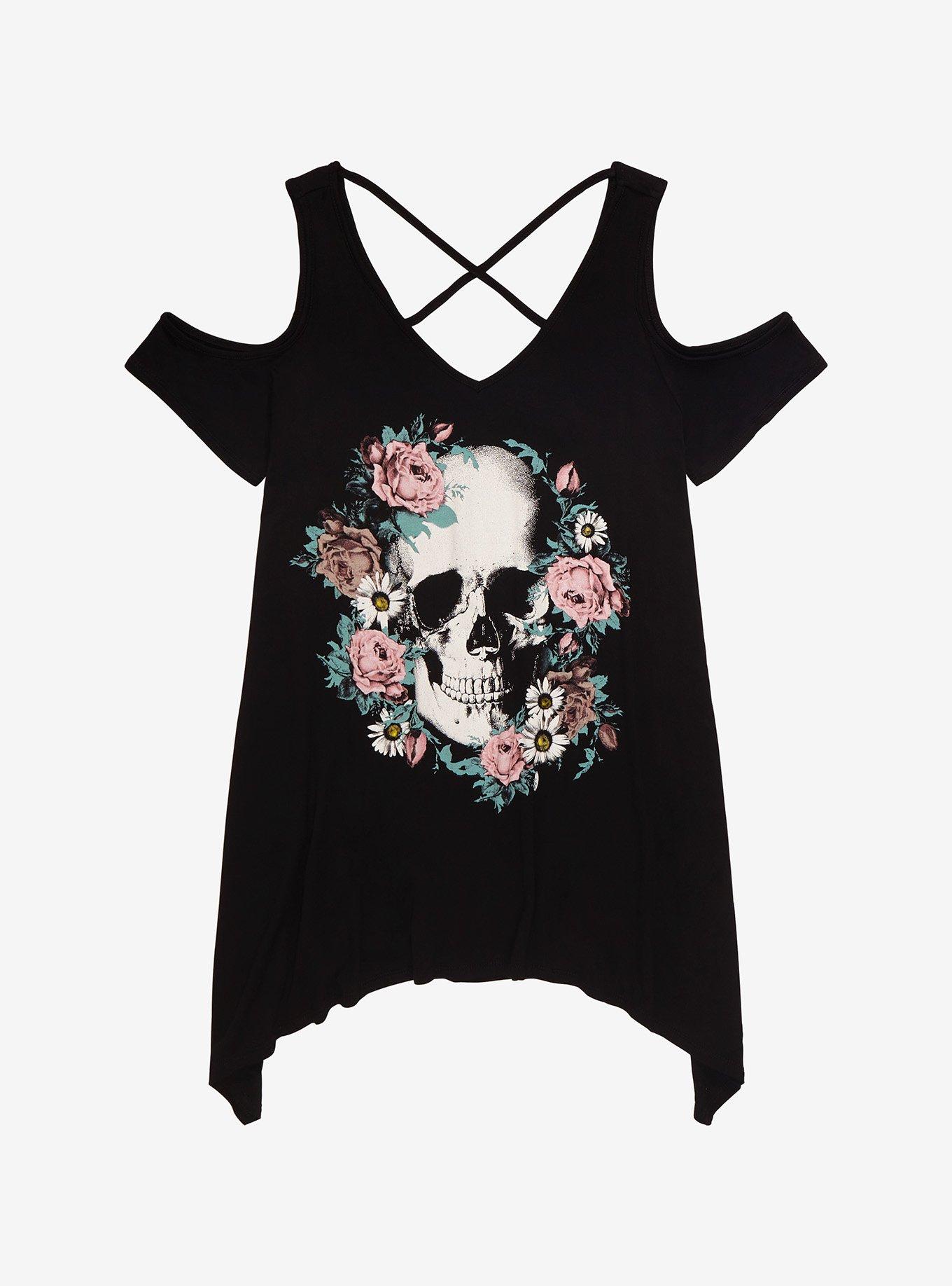 Floral Skull Shark Bite Cold Shoulder Girls Top Plus Size, BLACK, hi-res