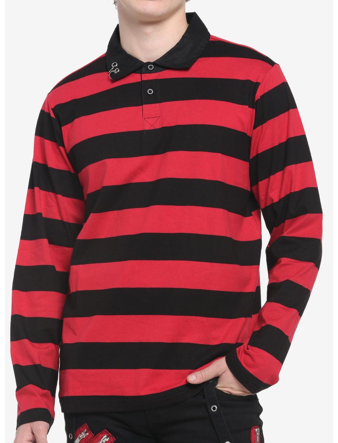 Black & Red Stripe O-Ring Long-Sleeve Polo Shirt, BLACK  RED, hi-res