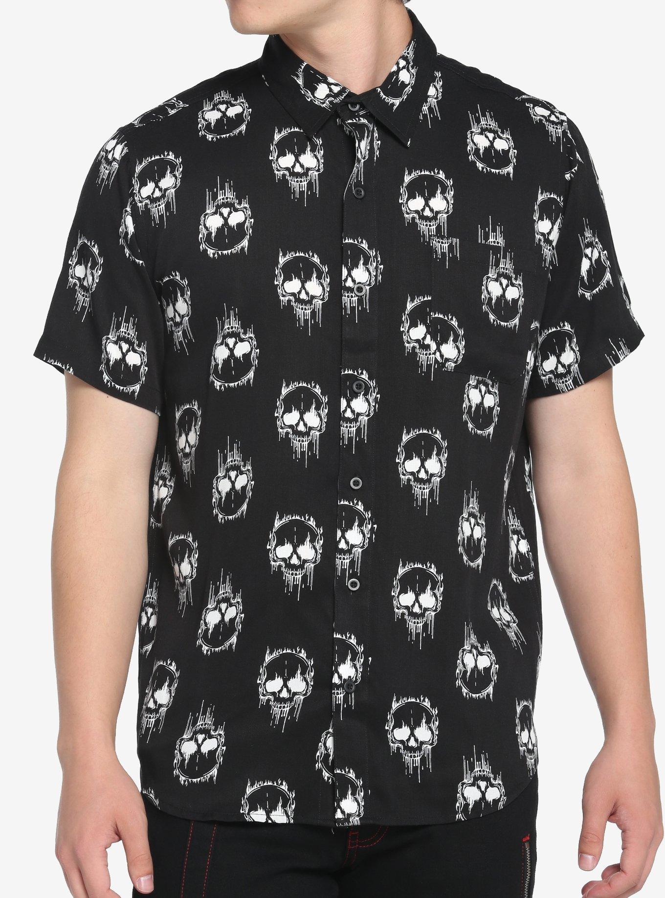 Flame Skull Woven Button-Up, BLACK, hi-res