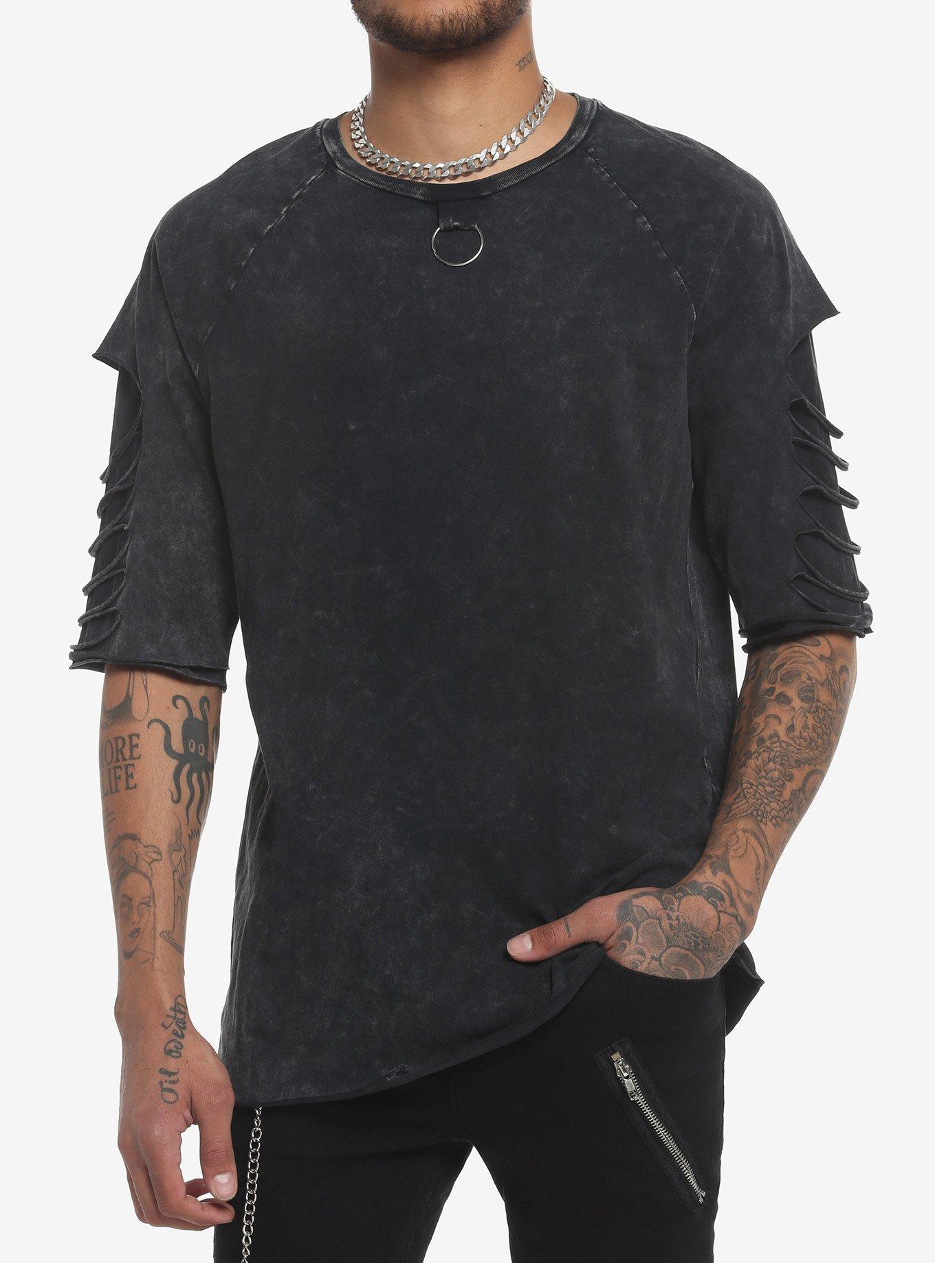 Grey Wash O-Ring Ripped T-Shirt, BLACK, hi-res