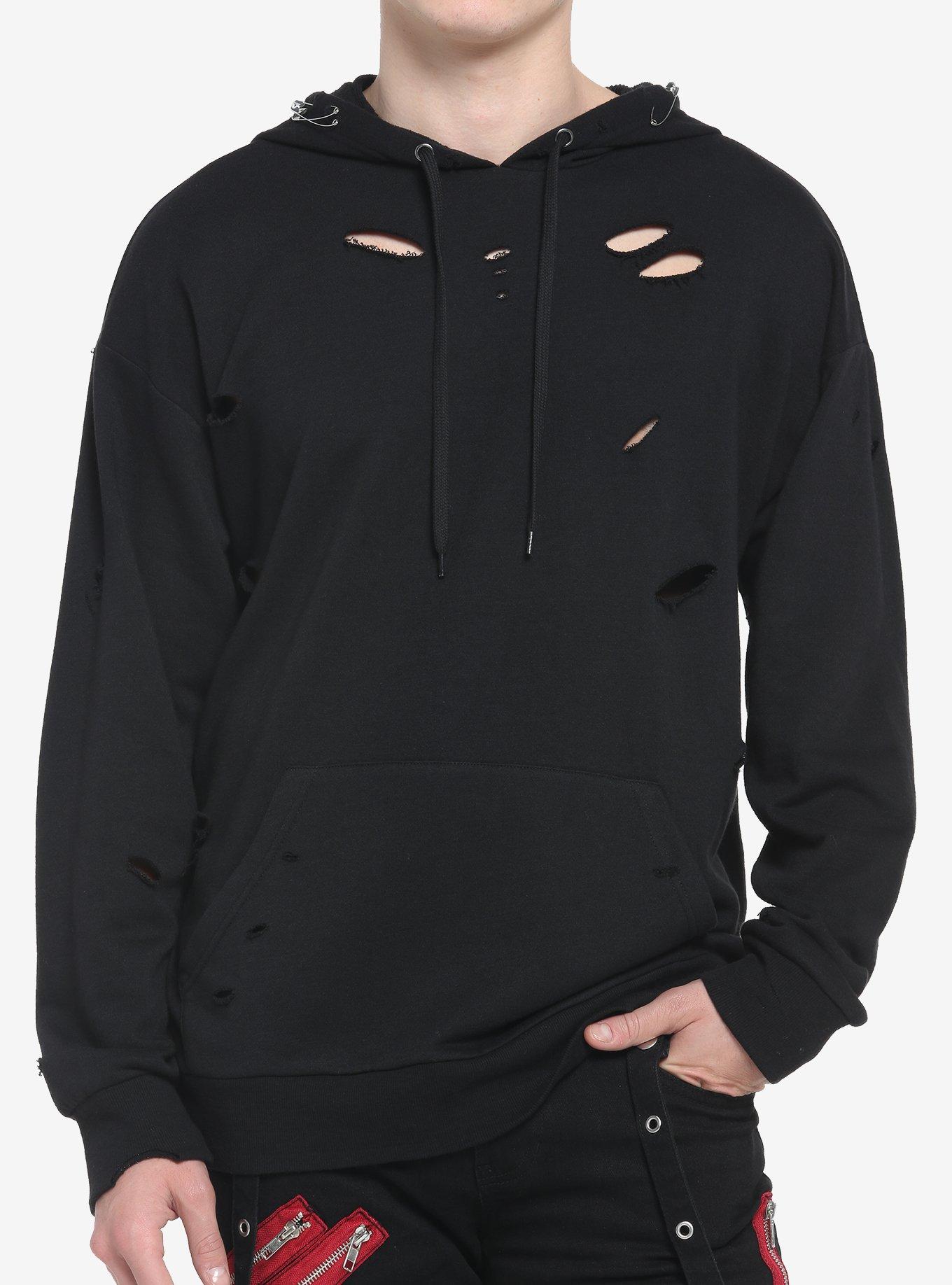 Black Safety Pin Destructed Hoodie, BLACK, hi-res