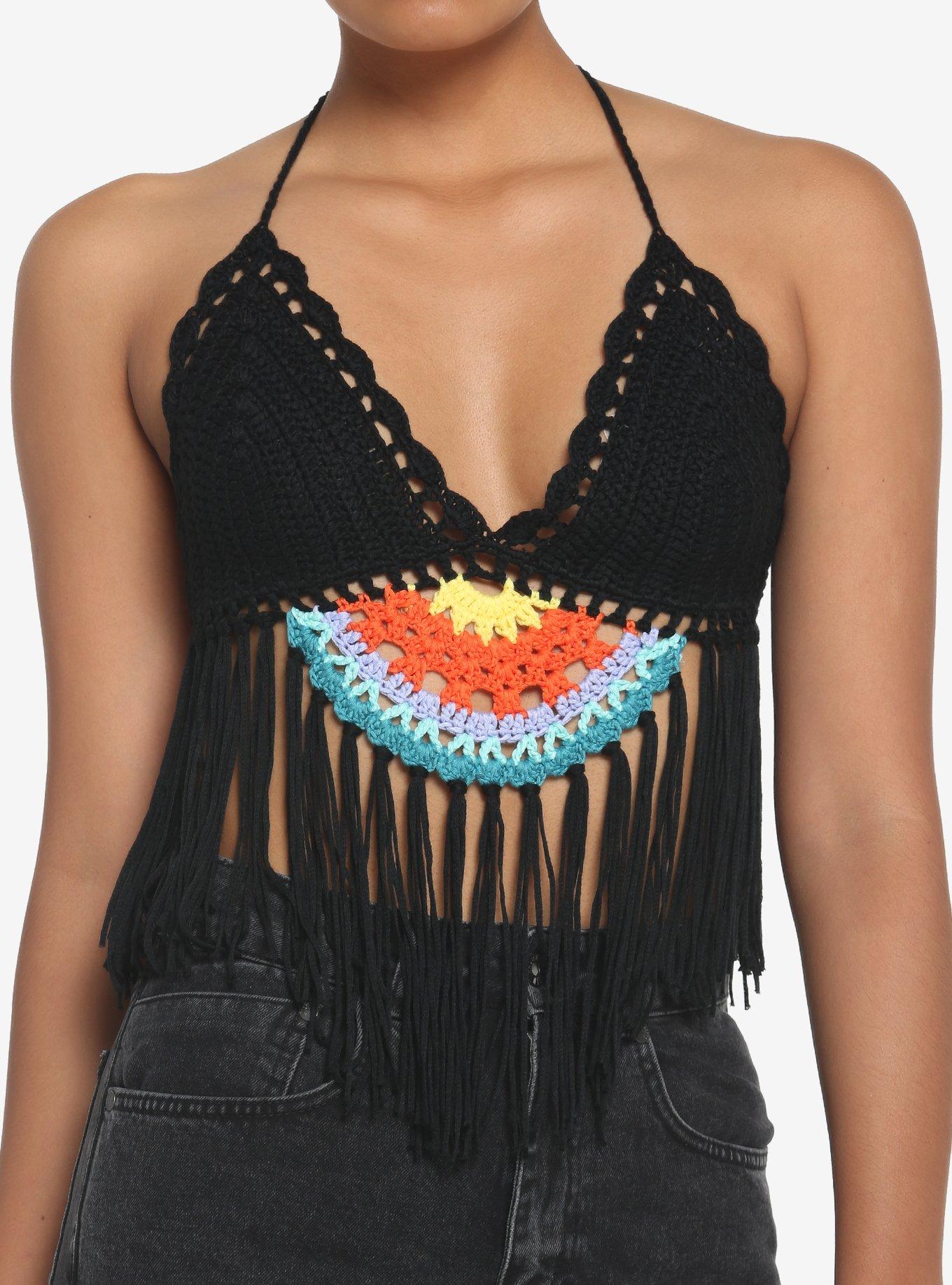 Black Fringe Crochet Girls Tank Top, BLACK, hi-res