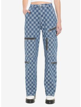 Blue Checkered Denim Straight Leg Jeans, , hi-res