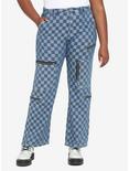 Blue Checkered Denim Straight Leg Jeans Plus Size, INDIGO, hi-res