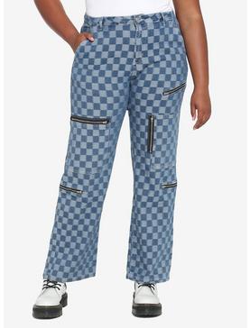 Blue Checkered Denim Straight Leg Jeans Plus Size, , hi-res