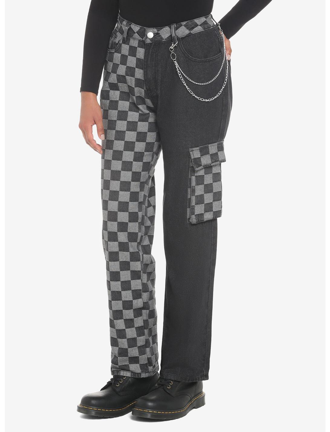 Black Checkered Split Straight Leg Jeans, BLACK, hi-res