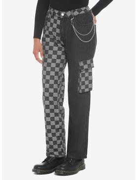 Black Checkered Split Straight Leg Jeans, , hi-res