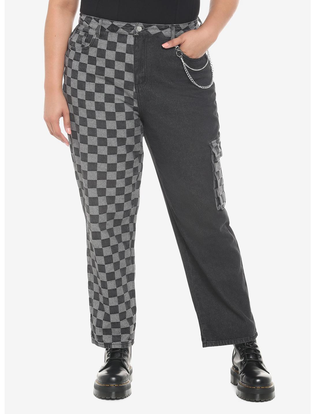 Black Checkered Split Straight Leg Jeans Plus Size, BLACK, hi-res