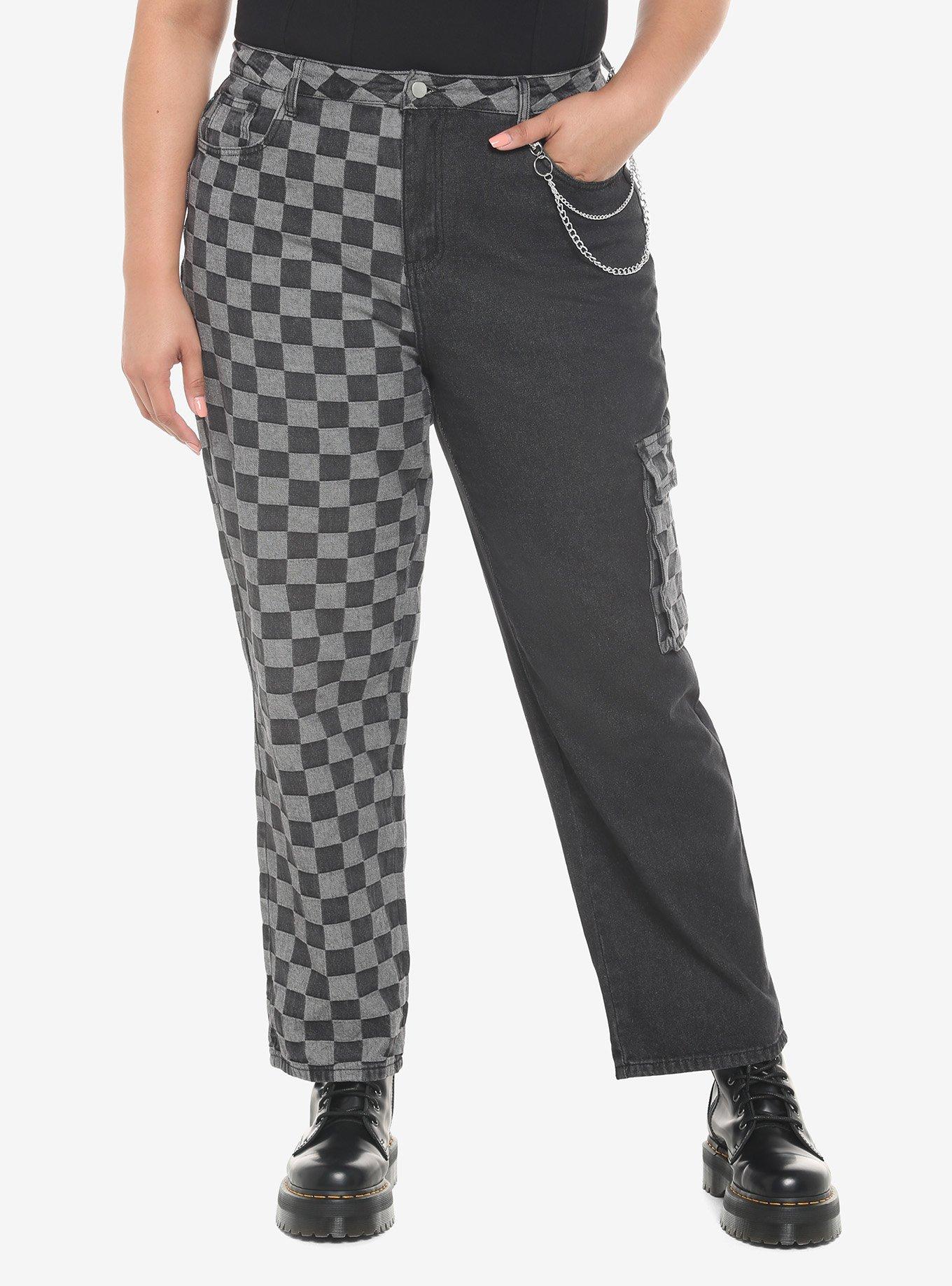 Black Checkered Split Straight Leg Jeans Plus Size, BLACK, hi-res